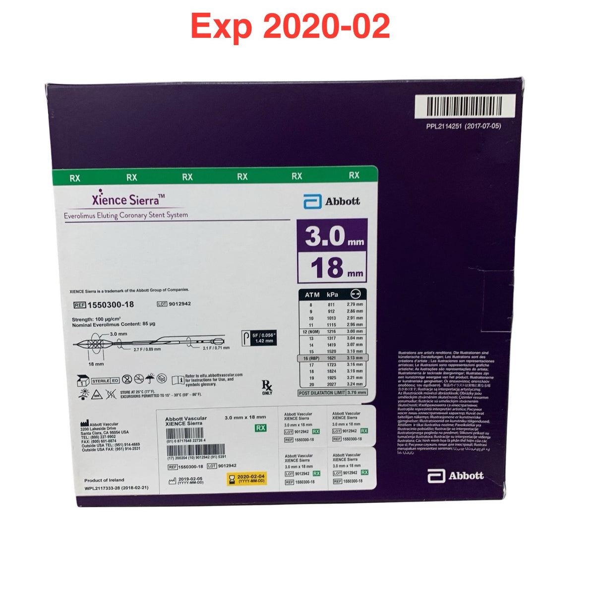 ABBOTT 1550300-18 Xience Sierra Everolimus Eluting Coronary Stent System 3.0mm x 18mm Exp 2020 02