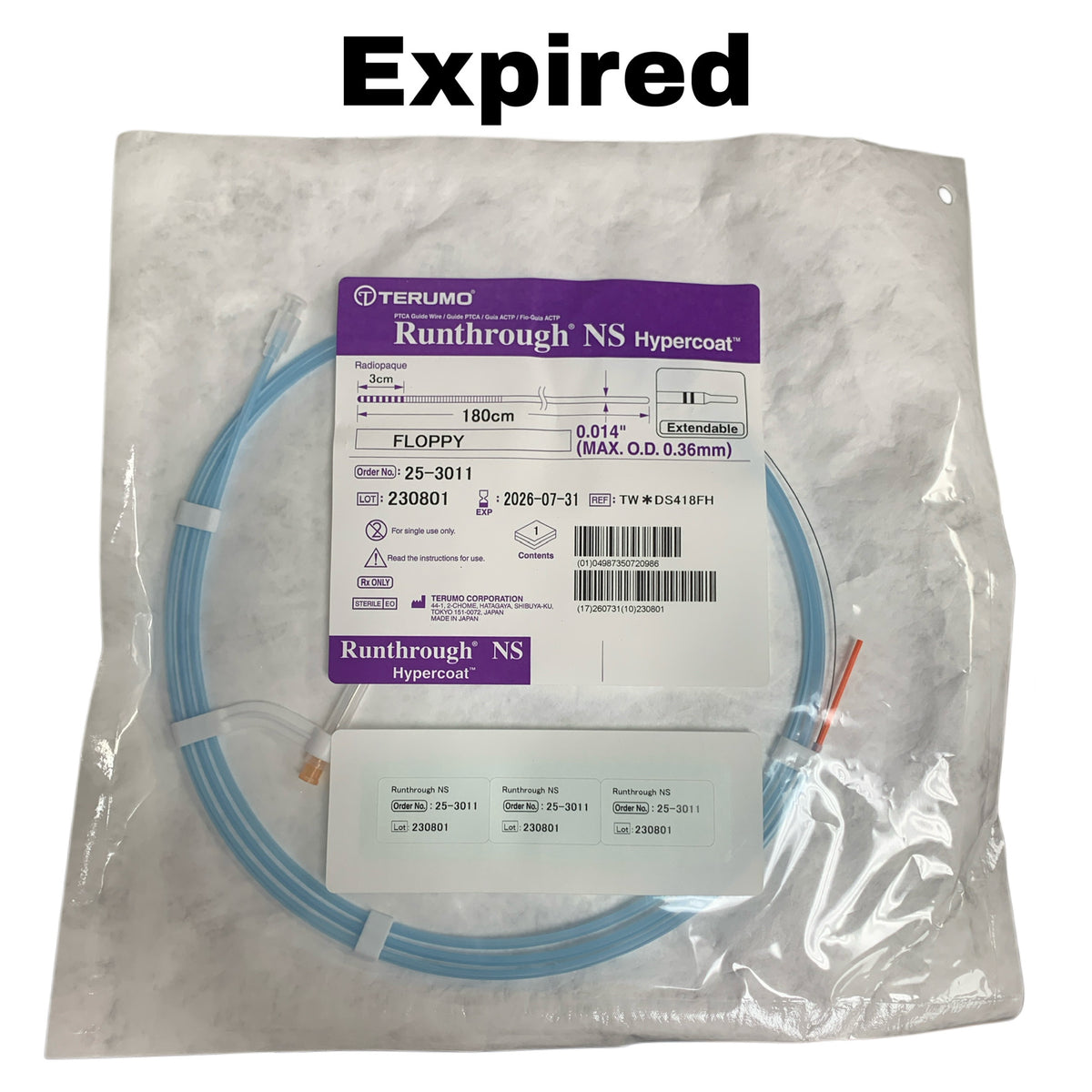 TERUMO 25-3011  Runthrough NS Hypercoat PTCA Guide Wire Floppy 0.014in 180cm EXP 2026 07