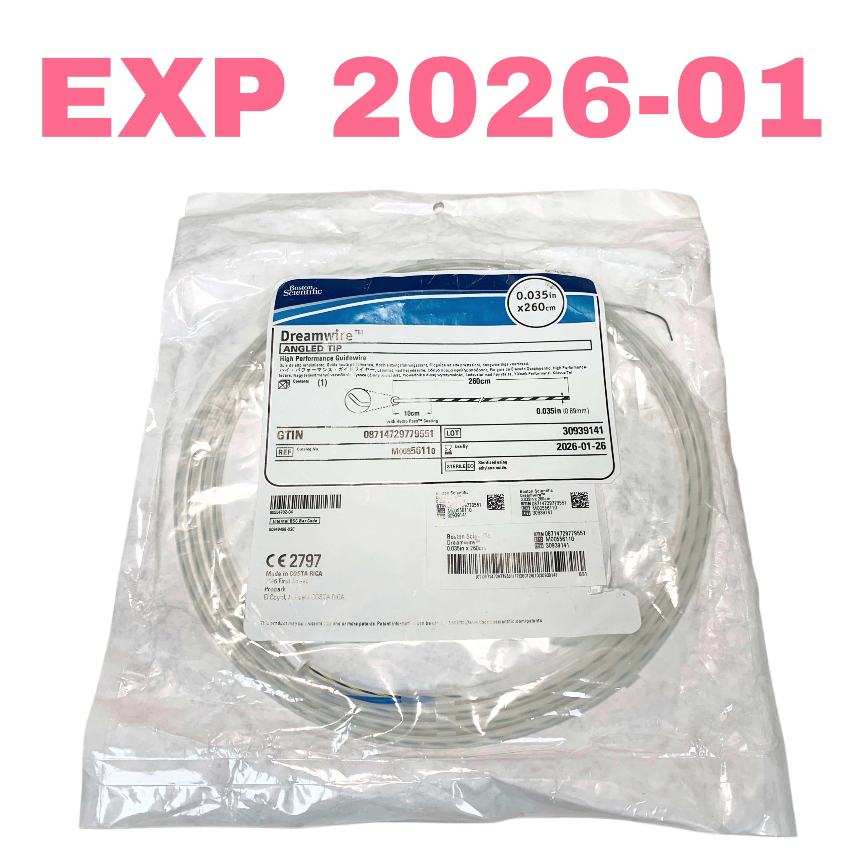 BOSTON SCIENTIFIC REF M00556110 Dreamwire High Performance Guidewire 0.035in x 260cm Angled Tip, EXP.2026/01