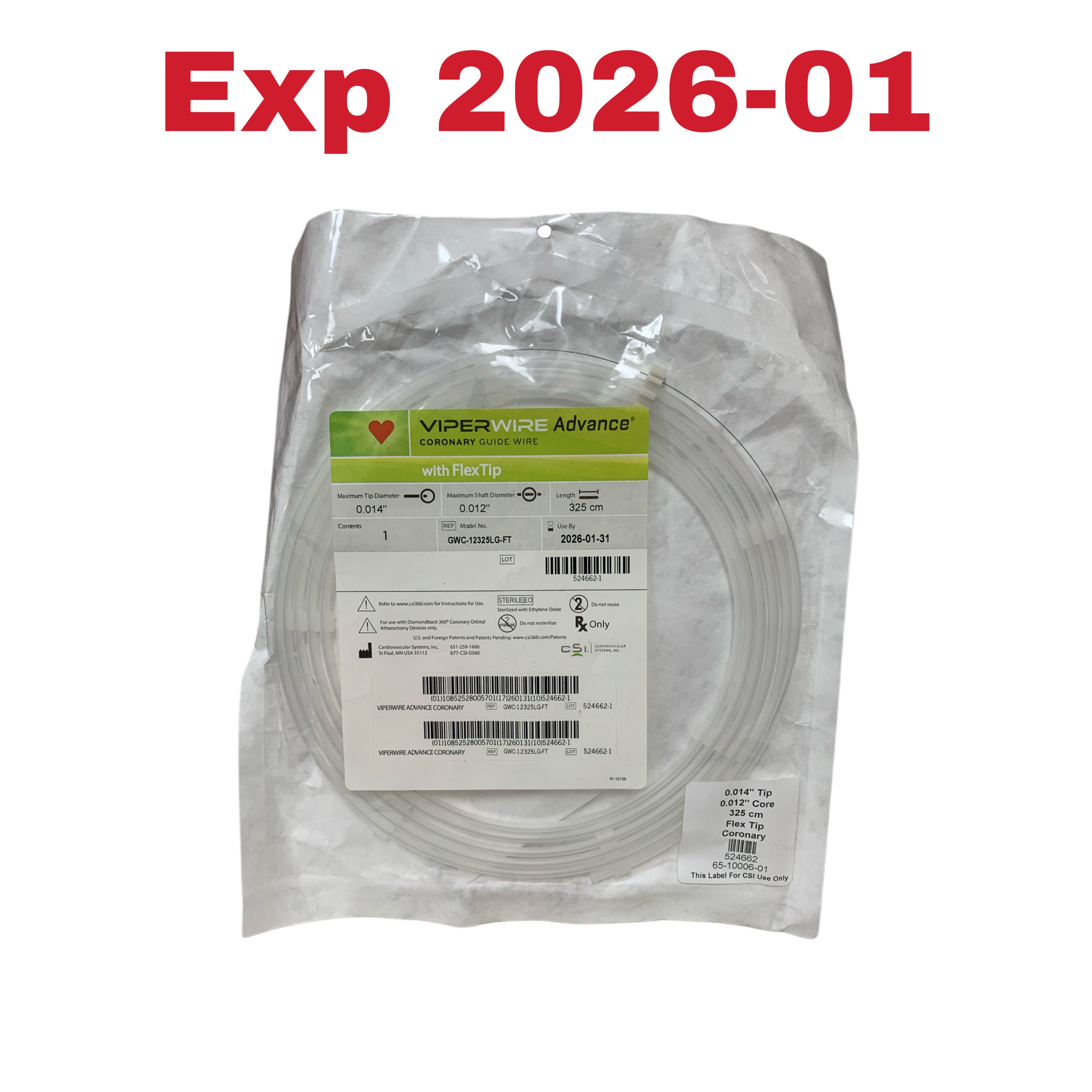 CSI REF GWC-12325LG-FT VIPERWIRE Advance Coronary Guide Wire with FlexTip 0.014" Tip 0.012" Core 325 cm Exp 2026 01