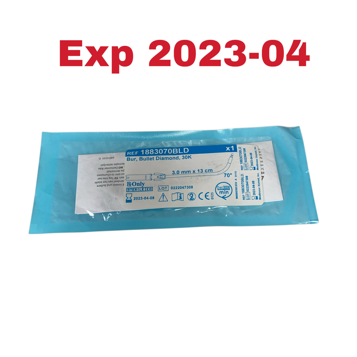 MEDTRONIC XOMED INC. 1883070BLD Bur Bullet Diamond 30K 3.0 mm x 13 cm 70° Exp 2023 04