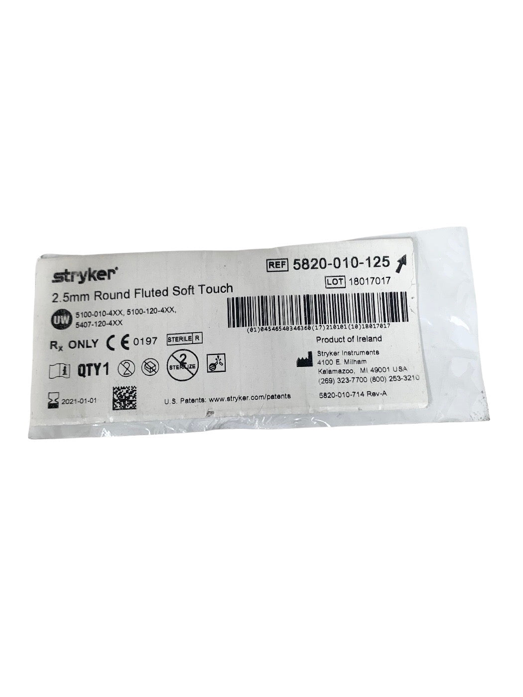 STRYKER REF 5820-010-125 2.5mm Round Fluted Soft Touch, EXP.2021-01