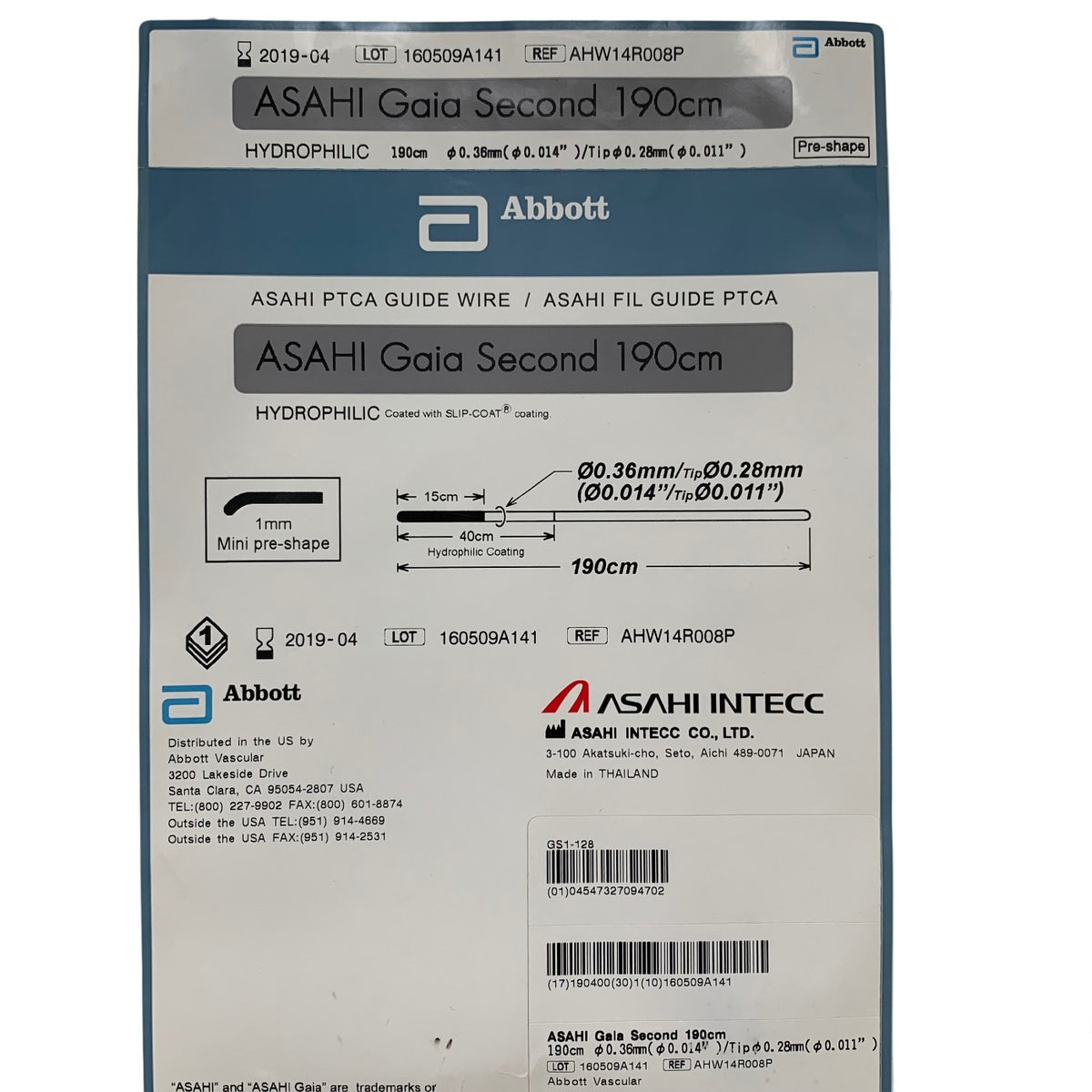ABBOTT Asahi AHW14R008P Gaia Second PTCA Guidewire Hydrophilic Pre-shape 0.36mm 0.014in Tip 0.28mm 0.011in 190cm Exp 2019 04