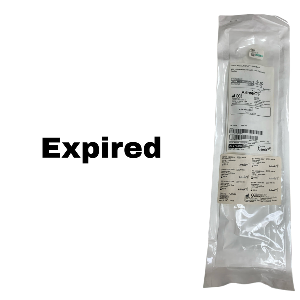ARTHREX AR-1322-752SF FASTak Small Bone Titanium Suture Anchor 2.4 x 7.5mm with 2-0 FiberWire, EXP 2020-05