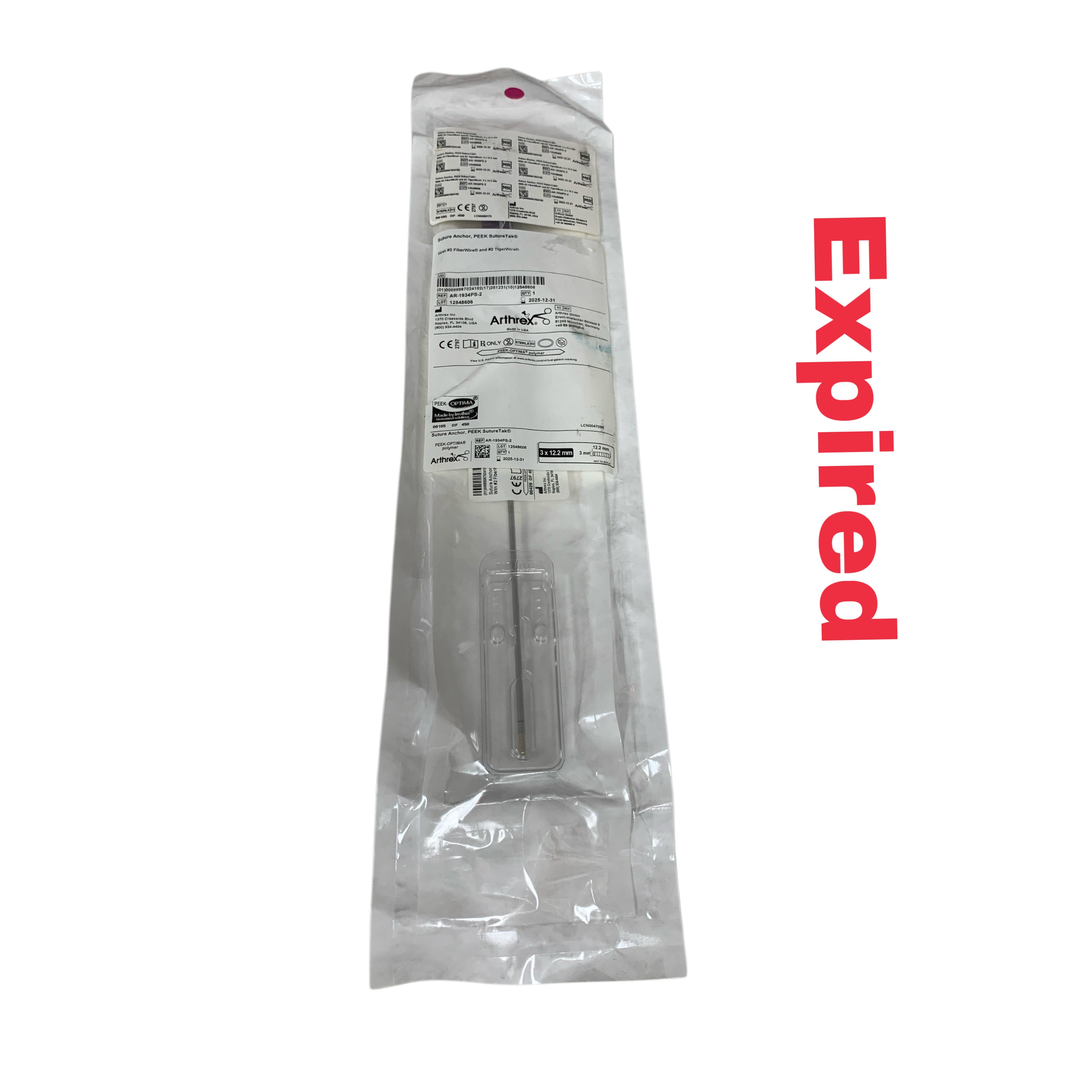 ARTHREX REF AR-1934PS-2 Suture Anchor PEEK SutureTak 3 x 12.2mm with #2 FiberWire and #2 TigerWire Exp.2025/12