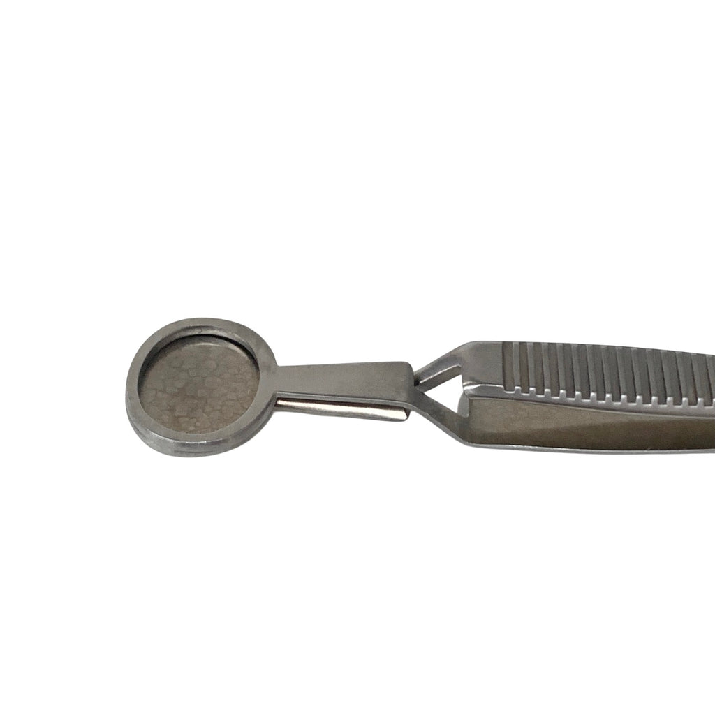 AMBLER REF 2211E Desmarres chalazion forceps 20.0mm solid lower plate, 12.0mm x 14.0mm open upper plate, cross-action flat handle