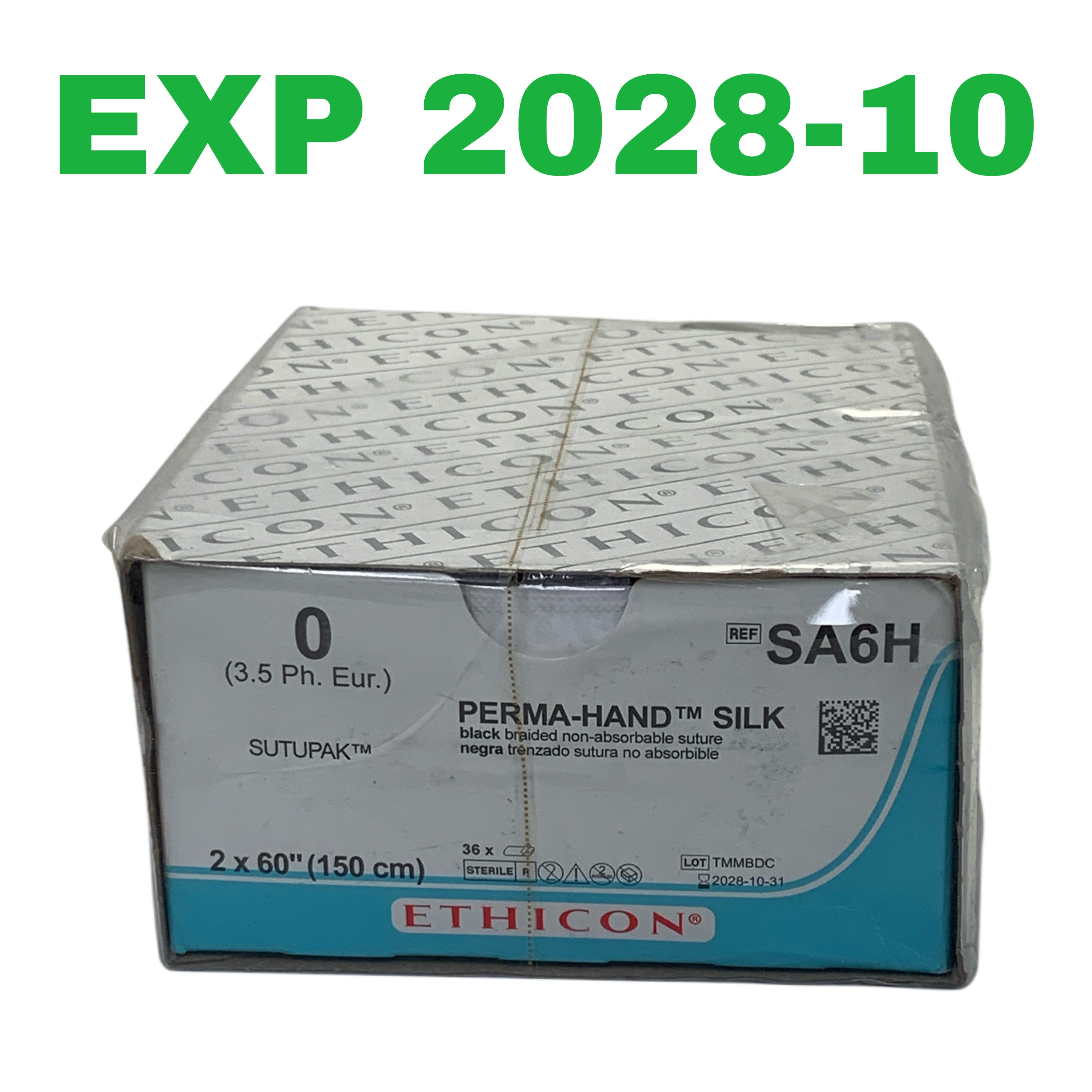 ETHICON REF SA6H Perma-Hand Silk Suture 0 Sutupak 2x60" Box of 36, Exp.2028/10