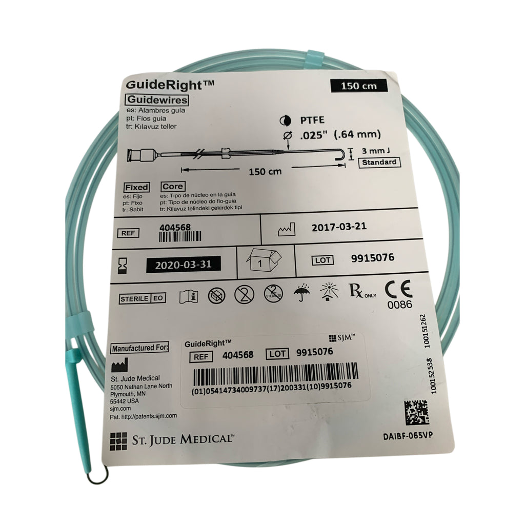 ST JUDE MEDICAL 404568 GuideRight PTFE Guidewire .025 Inch .64 mm 150 cm 3 mm J Exp 2020 03