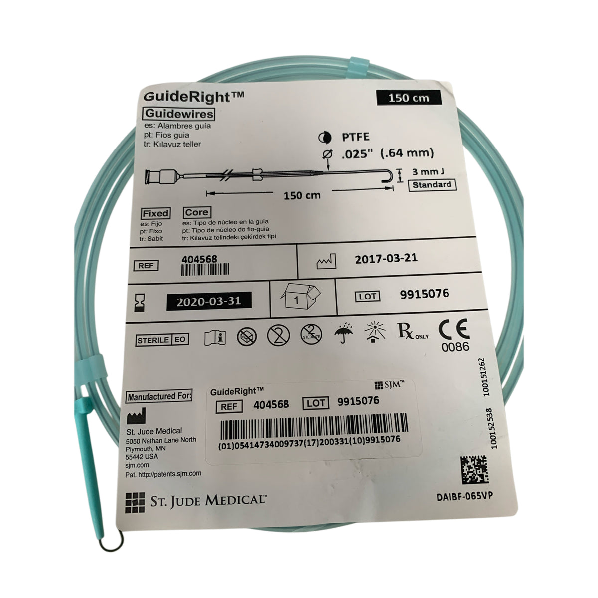 ST JUDE MEDICAL 404568 GuideRight PTFE Guidewire .025 Inch .64 mm 150 cm 3 mm J Exp 2020 03