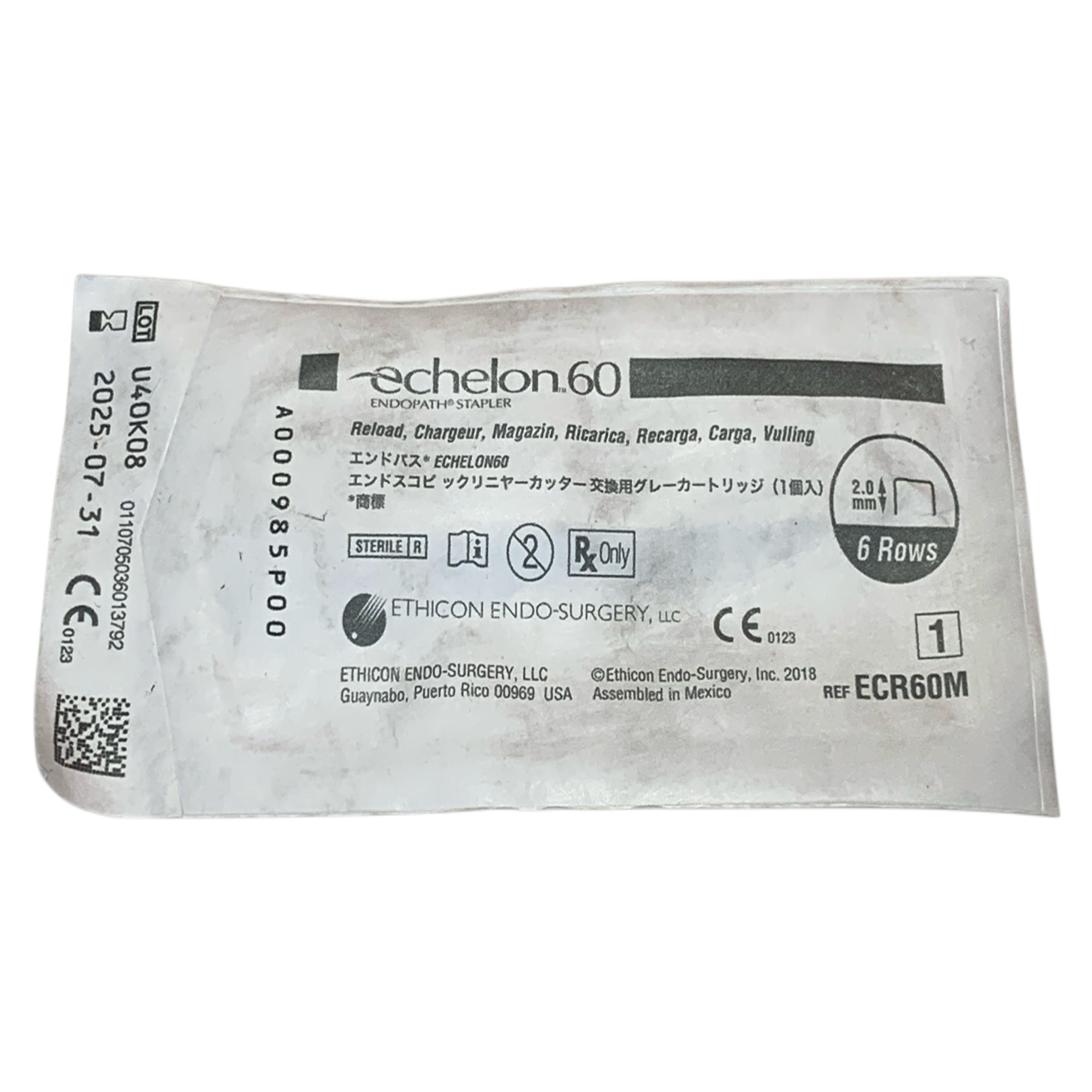 ETHICON REF ECR60M Echelon 60 Endopath Stapler Reload Yellow 6 Rows 2.0mm Exp.2025/07
