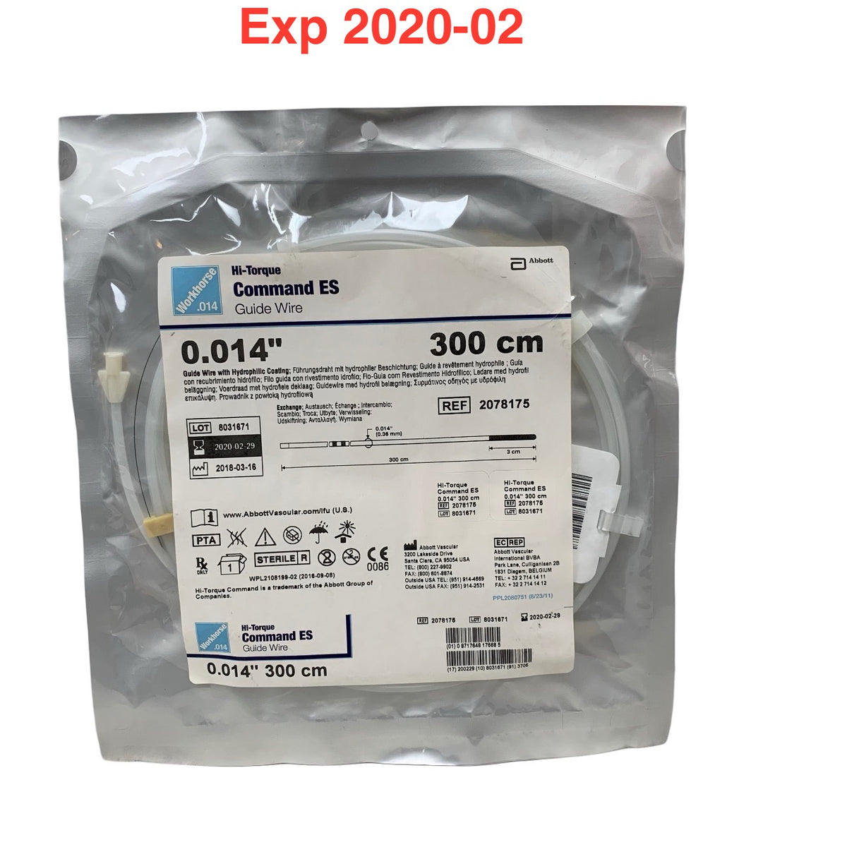 ABBOTT 2078175 Hi-Torque Command ES Guide Wire Hydrophilic Coating Workhorse 0.014 in x 300 cm Exp 2020 02
