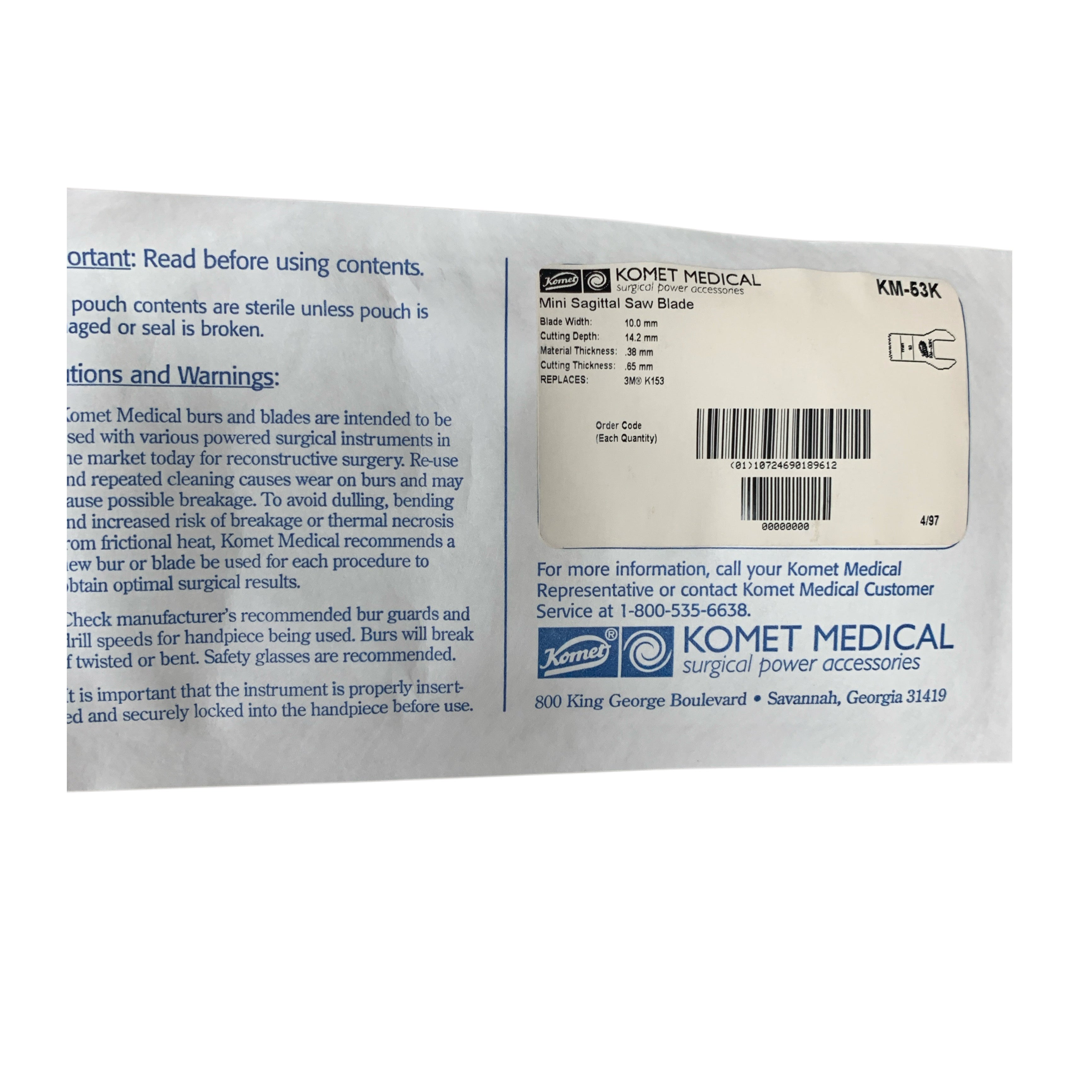 KOMET MEDICAL KM-53K Mini Sagittal Saw Blade 10.0 mm 14.2 mm EXPIRED