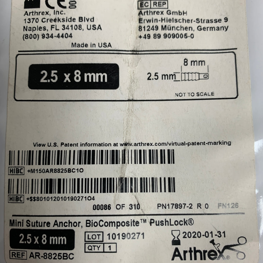 ARTHREX AR-8825BC BioComposite PushLock Mini Suture Anchor 2.5 x 8mm, EXP 2020-01