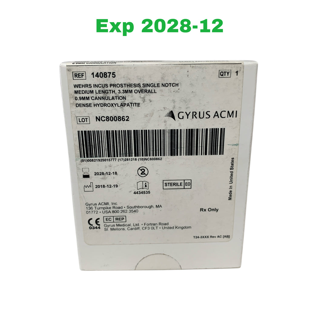 GYRUS ACMI REF 140875 Wehrs Incus Prosthesis Single Notch Medium Length 3.3mm Overall 0.9mm Cannulation, Exp.2028/12