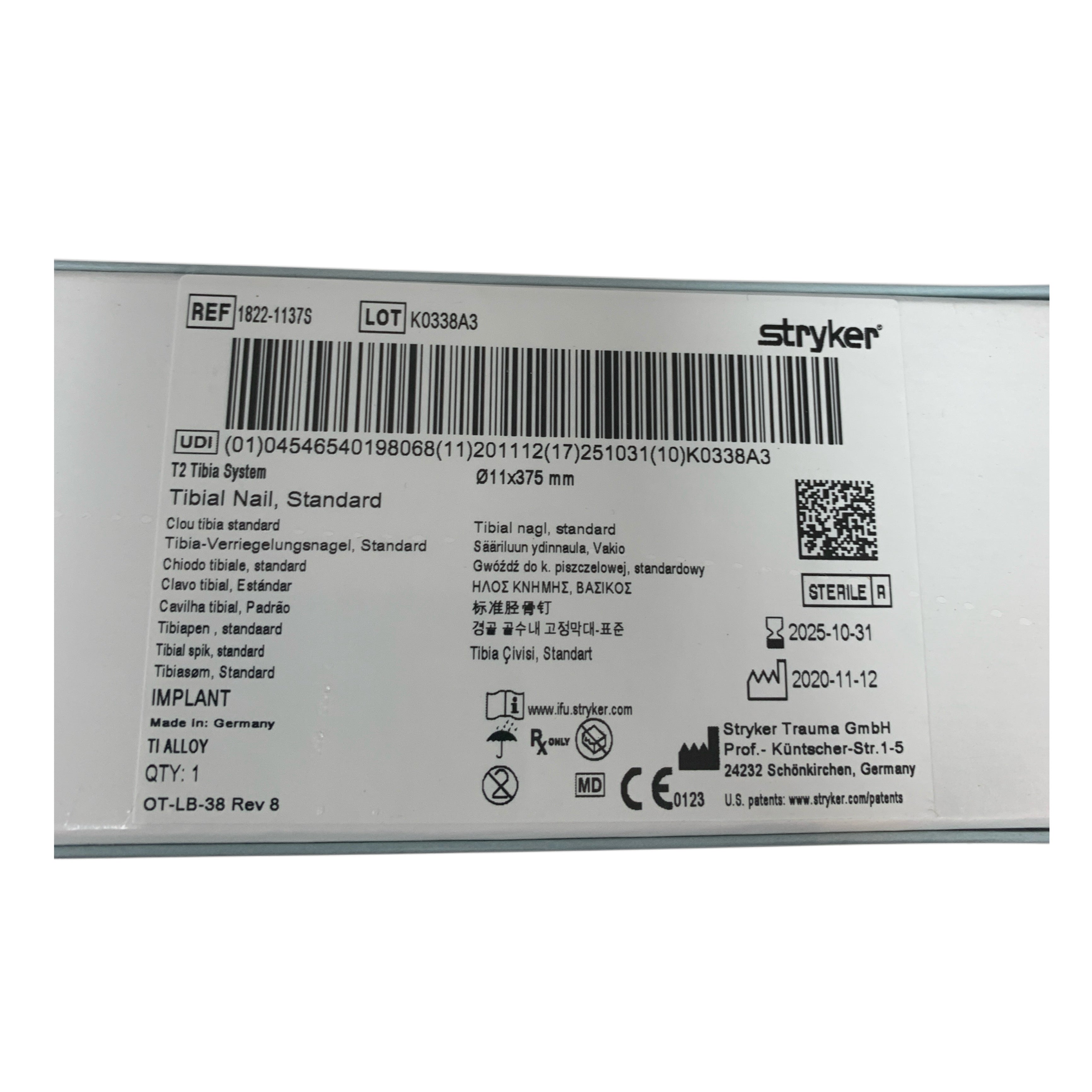 STRYKER REF 1822-1137S T2 Tibia System Standard Tibial Nail 11x375 mm, Exp.2025/10