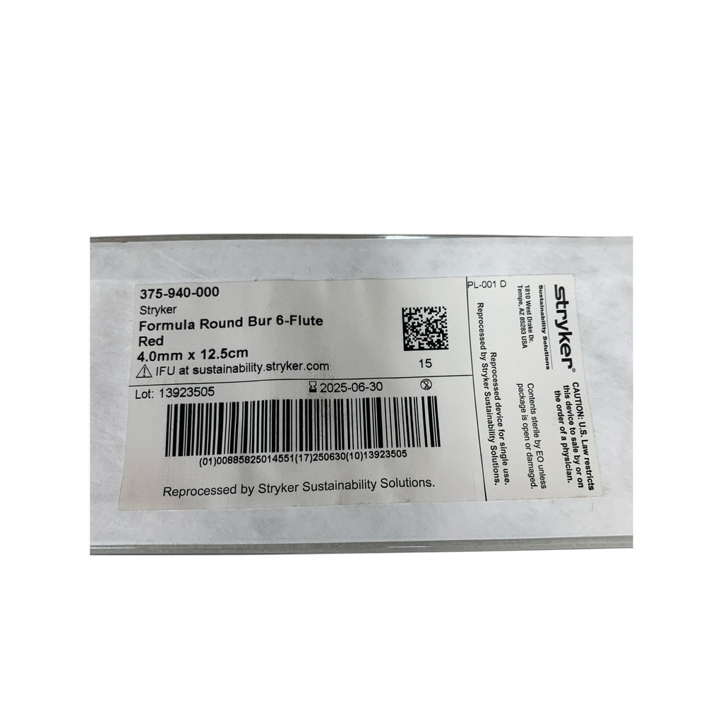STRYKER 375-940-000 Formula Round Bur 6-Flute Red 4.0mm x 12.5cm Exp 2025 06