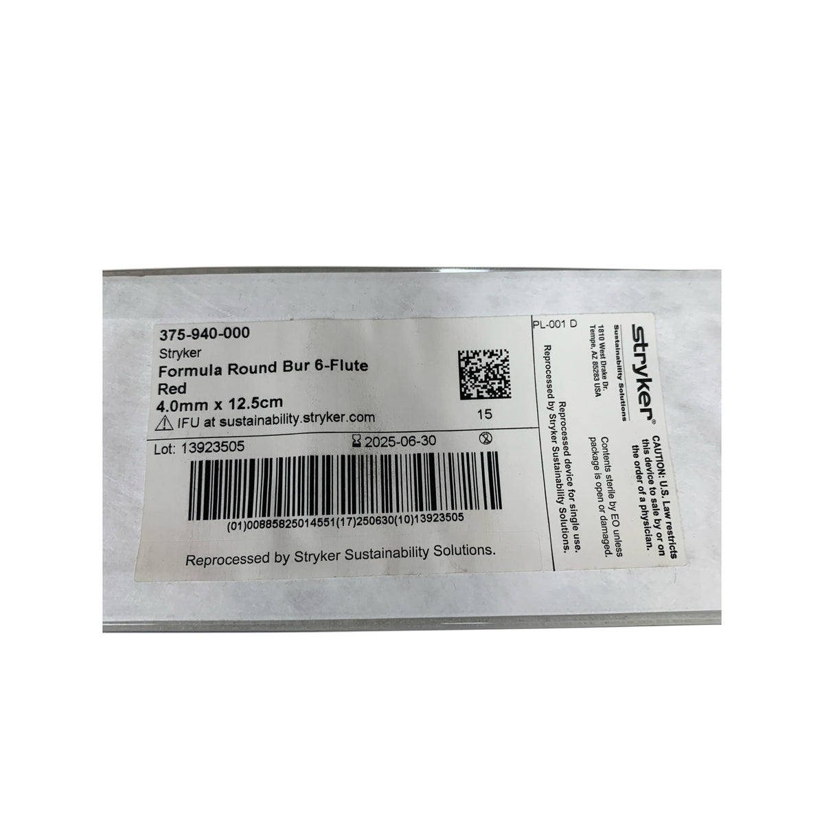 STRYKER 375-940-000 Formula Round Bur 6-Flute Red 4.0mm x 12.5cm Exp 2025 06