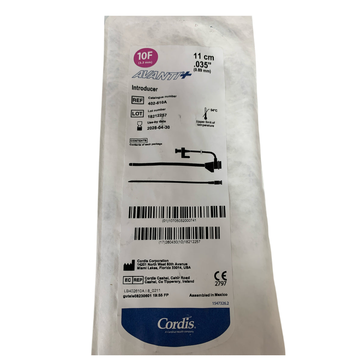 CORDIS 402-610A Avanti+ Introducer 10F 3.3 mm 11 cm .035 inch 0.89 mm Exp 2026 04