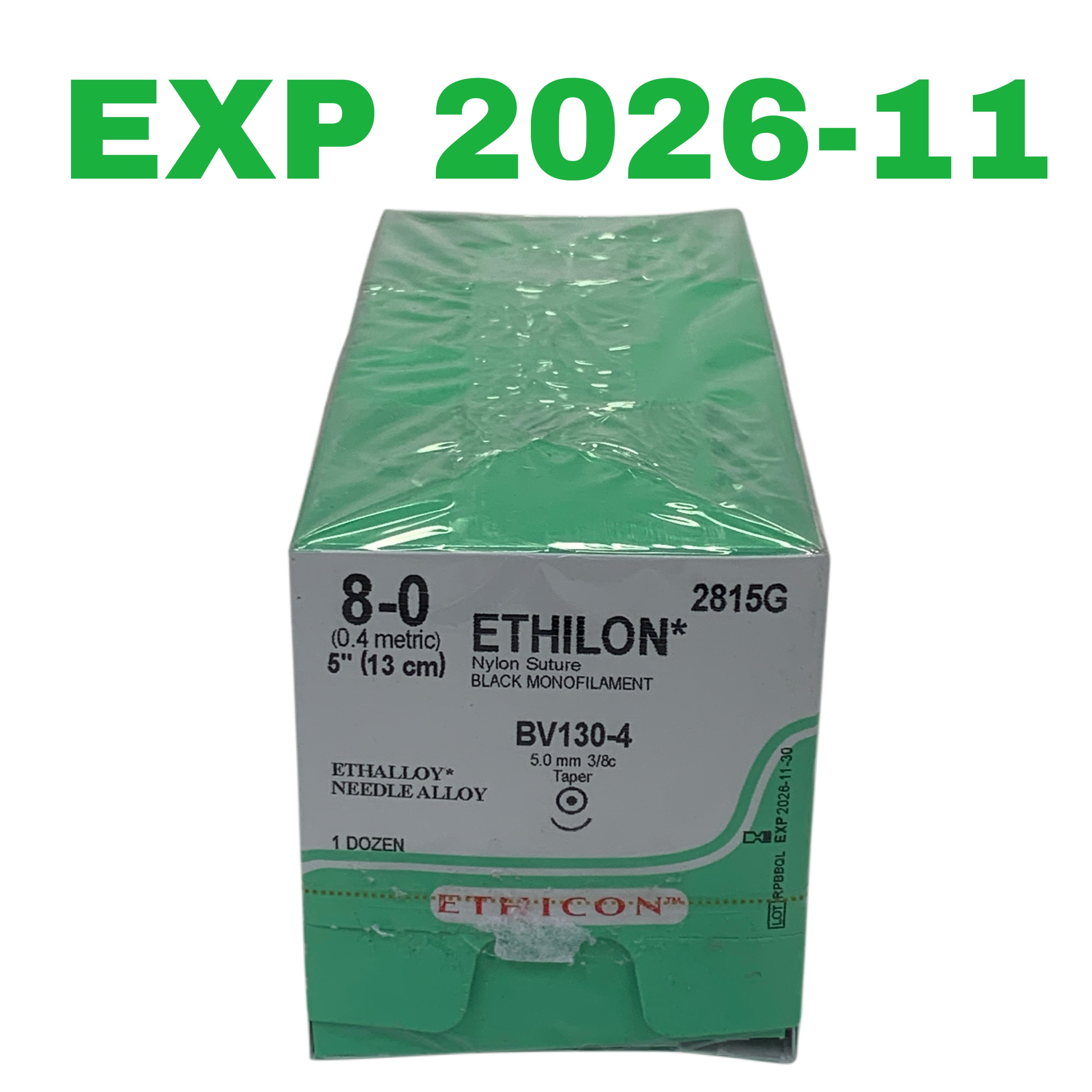 ETHICON REF 2815G Ethilon Nylon Suture Black Monofilament 8-0 BV130-4 Box of 12, Exp.2026/11