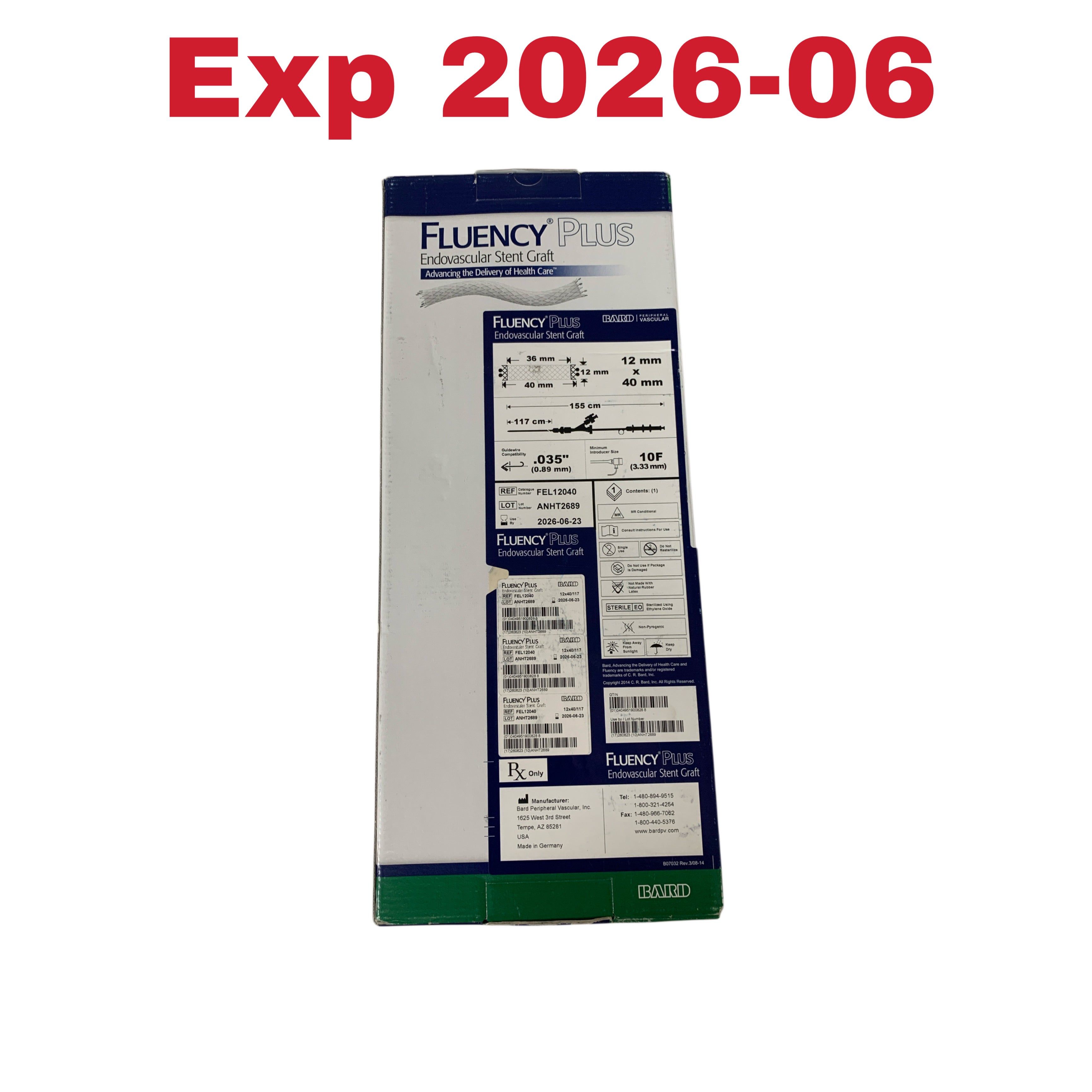 BARD REF FEL12040 Fluency Plus Endovascular Stent Graft 12mm x 40mm 155cm Exp 2026 06