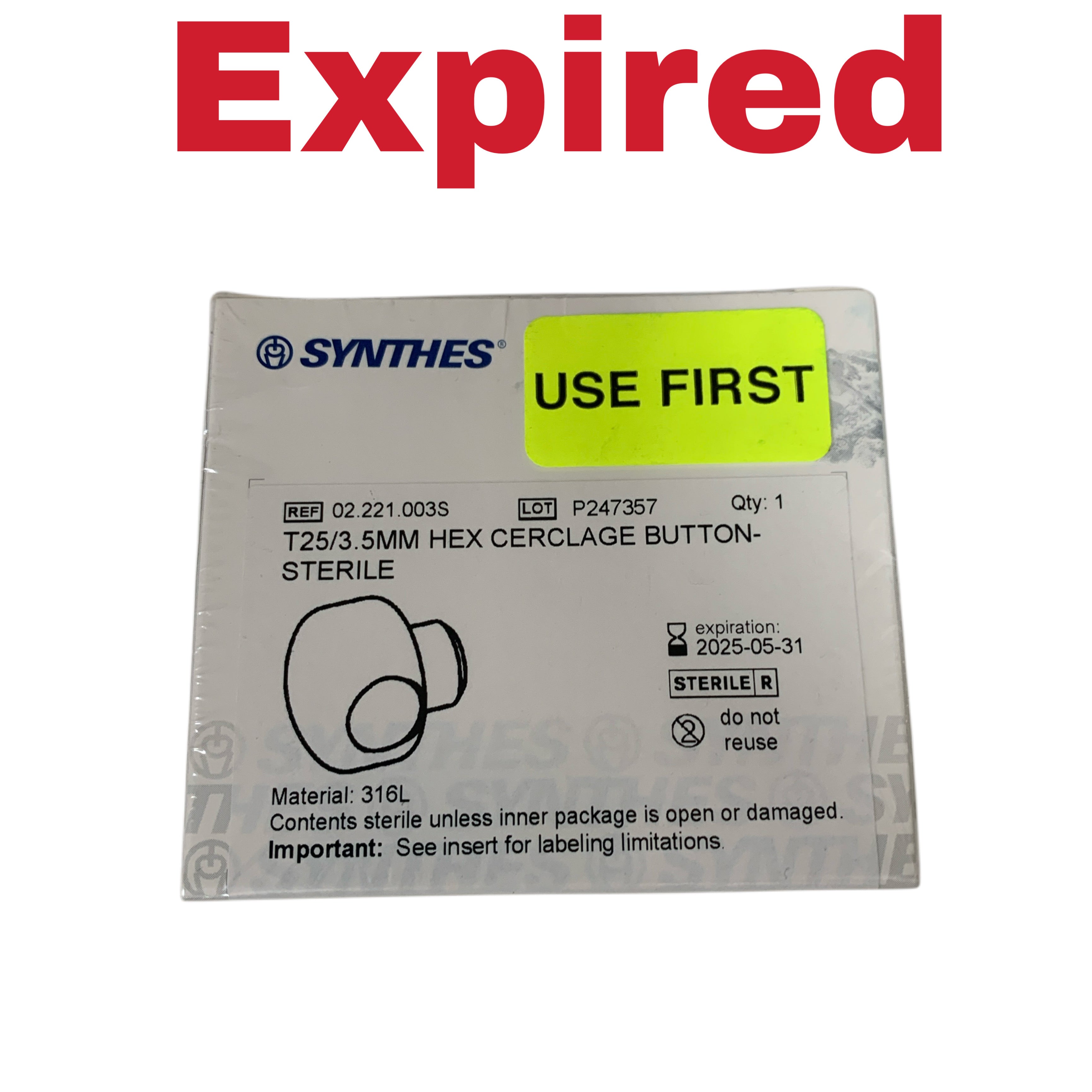 SYNTHES REF 02.221.003S T25/3.5MM Hex Cerclage Button Sterile 316L, Exp.2025/05