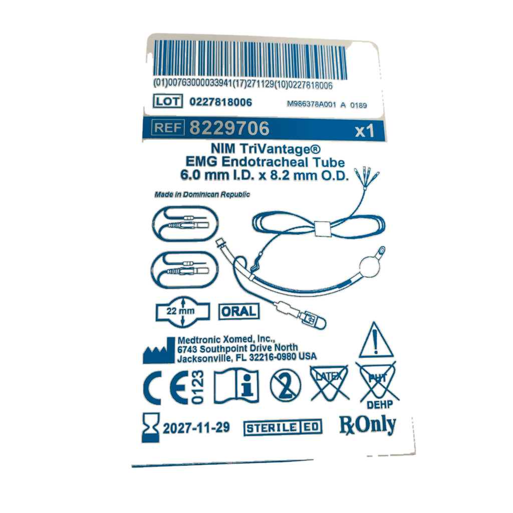 MEDTRONIC Xomed 8229706 NIM TriVantage EMG Endotracheal Tube 6.0 mm I.D. x 8.2 mm O.D. Exp 2027 11