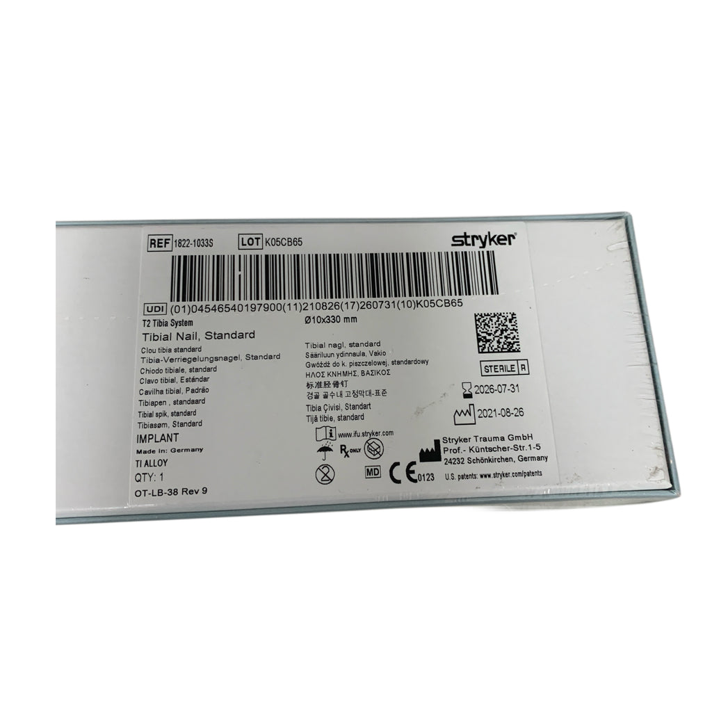 STRYKER 1822-1033S T2 Tibia System Tibial Nail Standard 10x330 mm Exp 2026 07