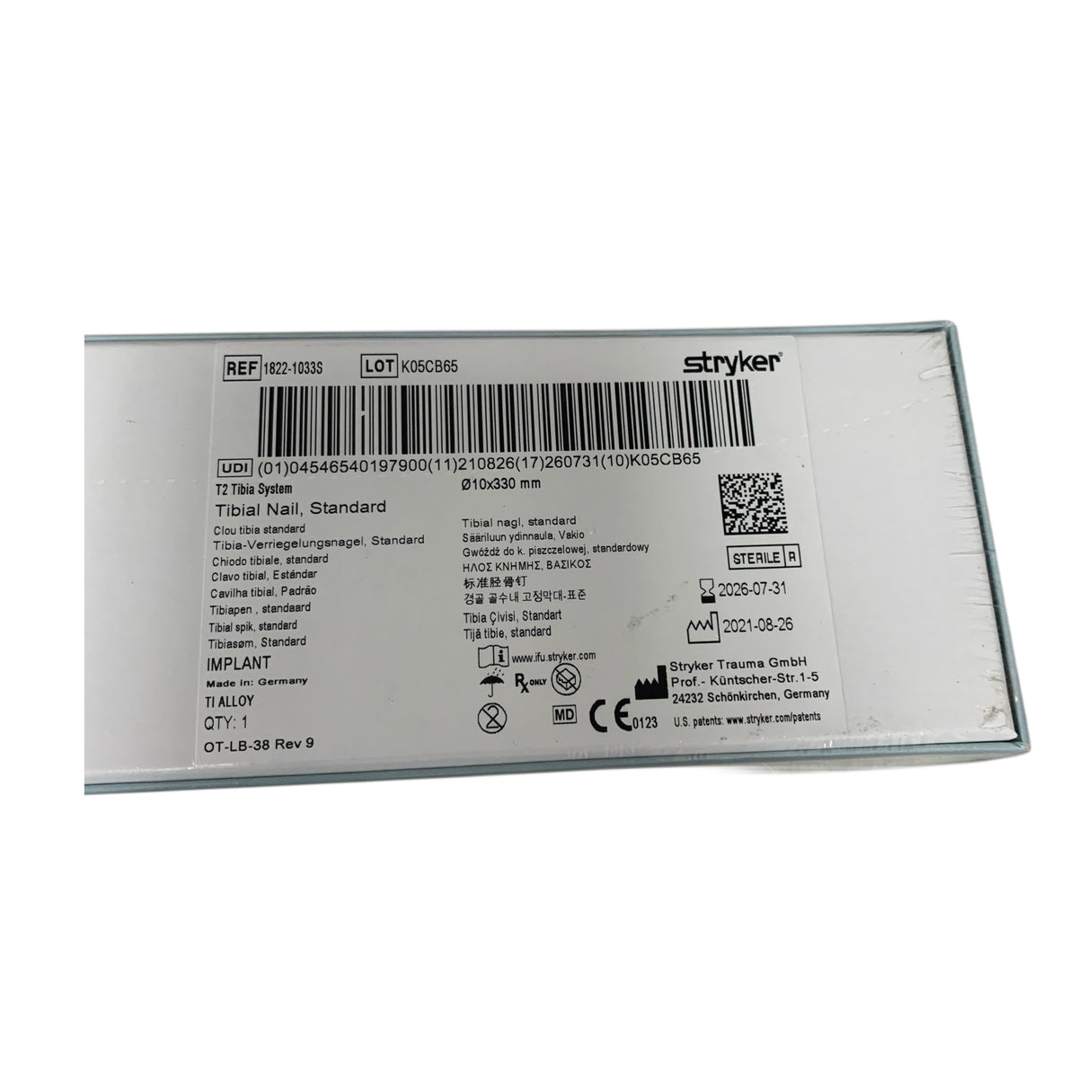 STRYKER 1822-1033S T2 Tibia System Tibial Nail Standard 10x330 mm Exp 2026 07