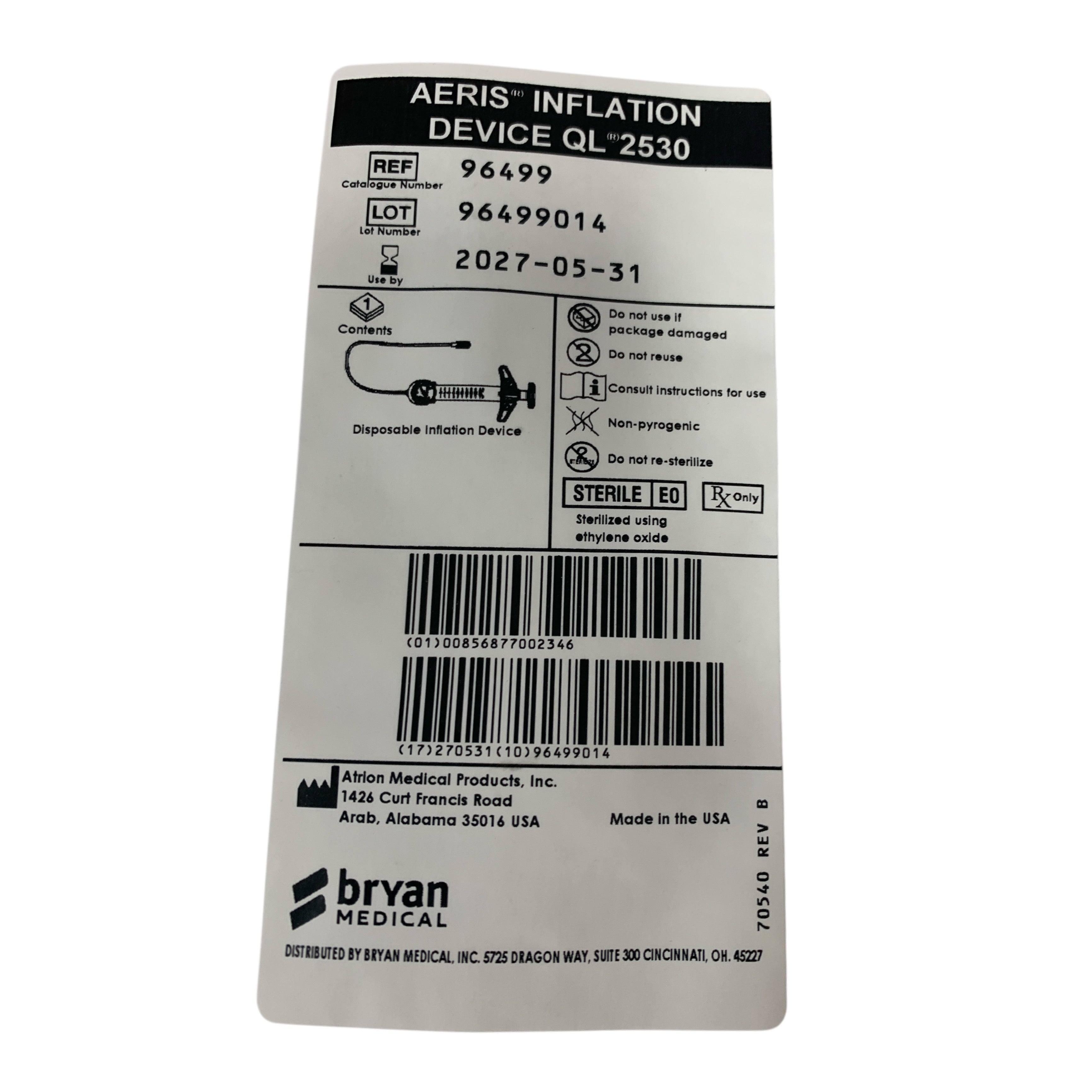 ATRION 96499 AERIS Inflation Device QL 2530 Exp 2027 05