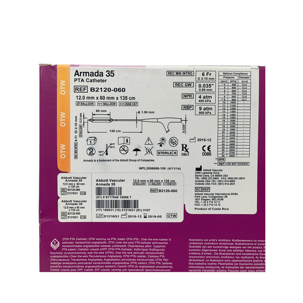 ABBOTT B2120-060 Armada 35 PTA Catheter 12.0mm x 60mm x 135cm Exp 2019 05