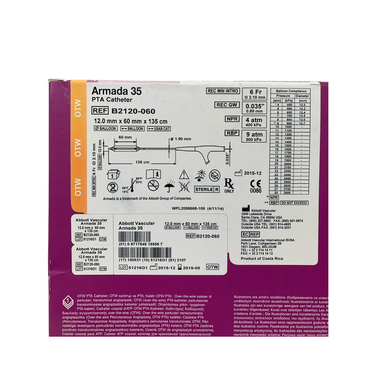 ABBOTT B2120-060 Armada 35 PTA Catheter 12.0mm x 60mm x 135cm Exp 2019 05