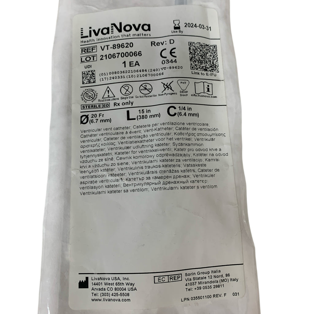 LIVANOVA REF VT-89620 Ventricular Vent Catheter 20 Fr 15 in, Exp.2024/03