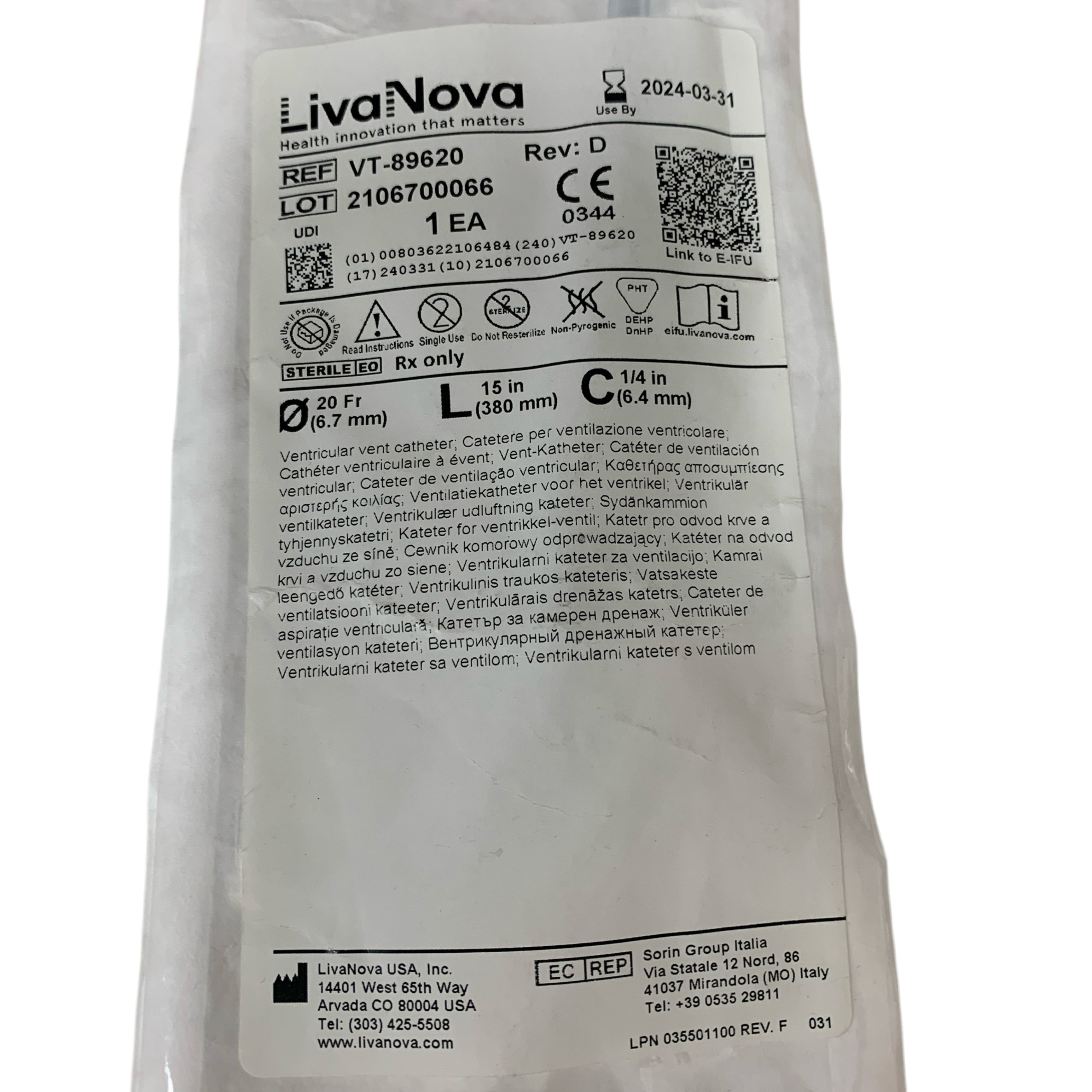 LIVANOVA REF VT-89620 Ventricular Vent Catheter 20 Fr 15 in, Exp.2024/03