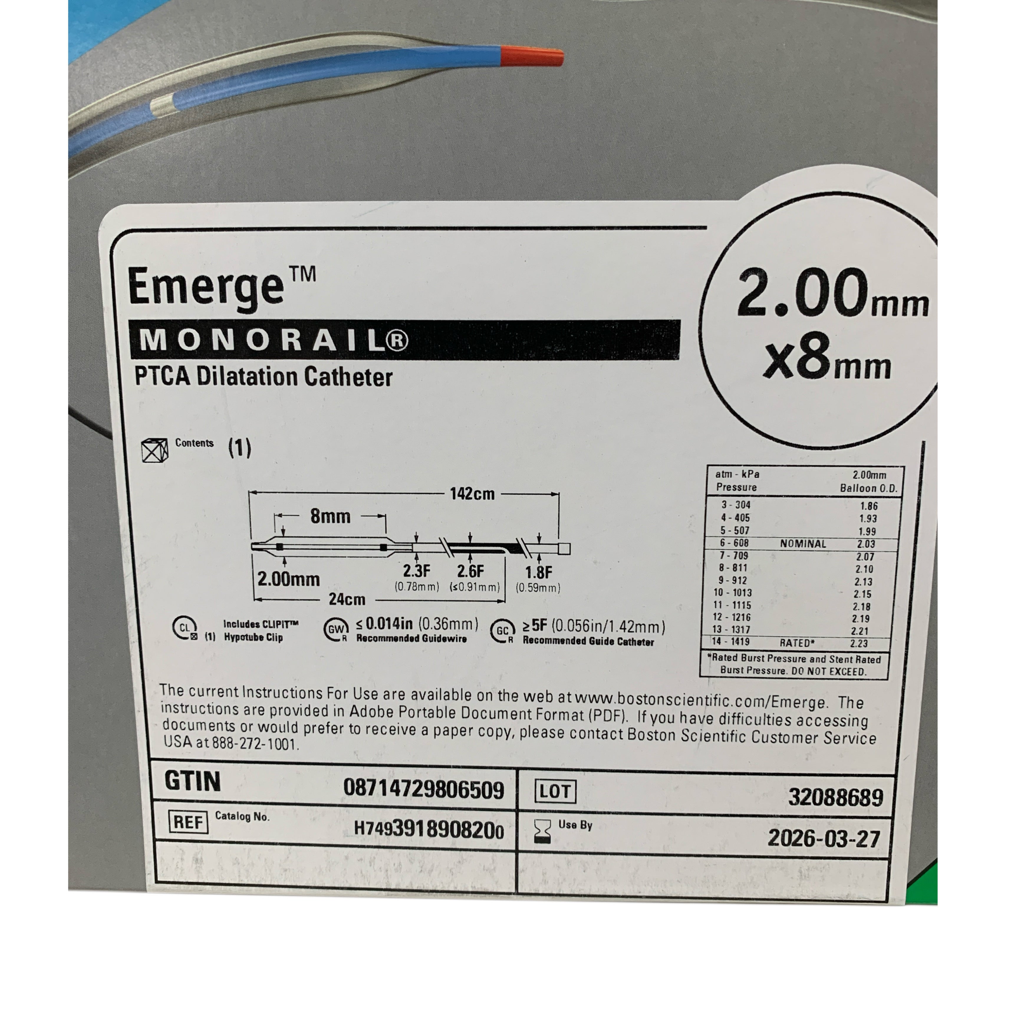 BOSTON SCIENTIFIC REF H7493918908200 Emerge Monorail PTCA Dilatation Catheter 2.00mm x 8mm Exp 2026 03