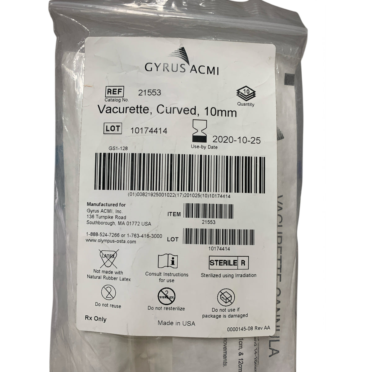 GYRUS ACMI 21553 Vacurette Curved 10mm Box Of 10 Exp 2020 10