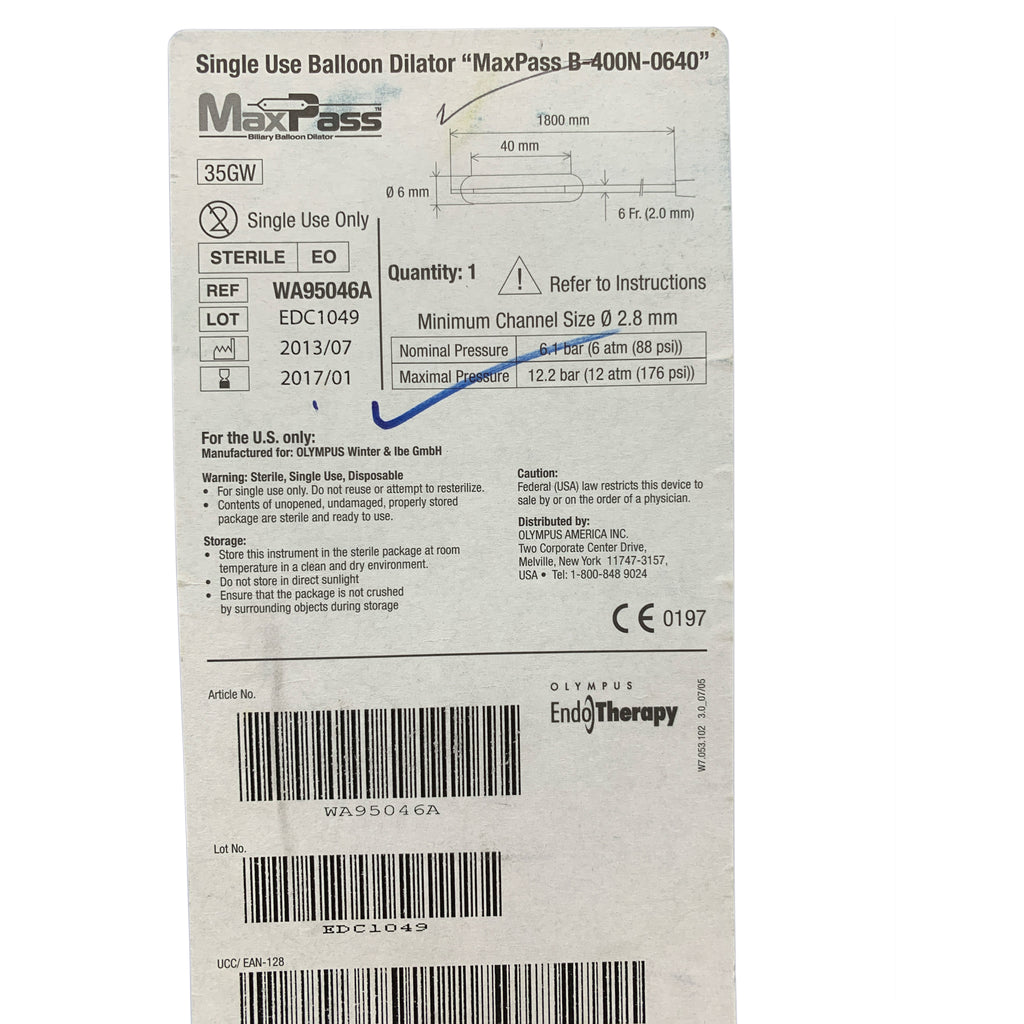 OLYMPUS WA95046A MaxPass Single Use Biliary Balloon Dilator 6mm 40mm 1800mm Minimum Channel Size 2.8mm Exp 2017 01