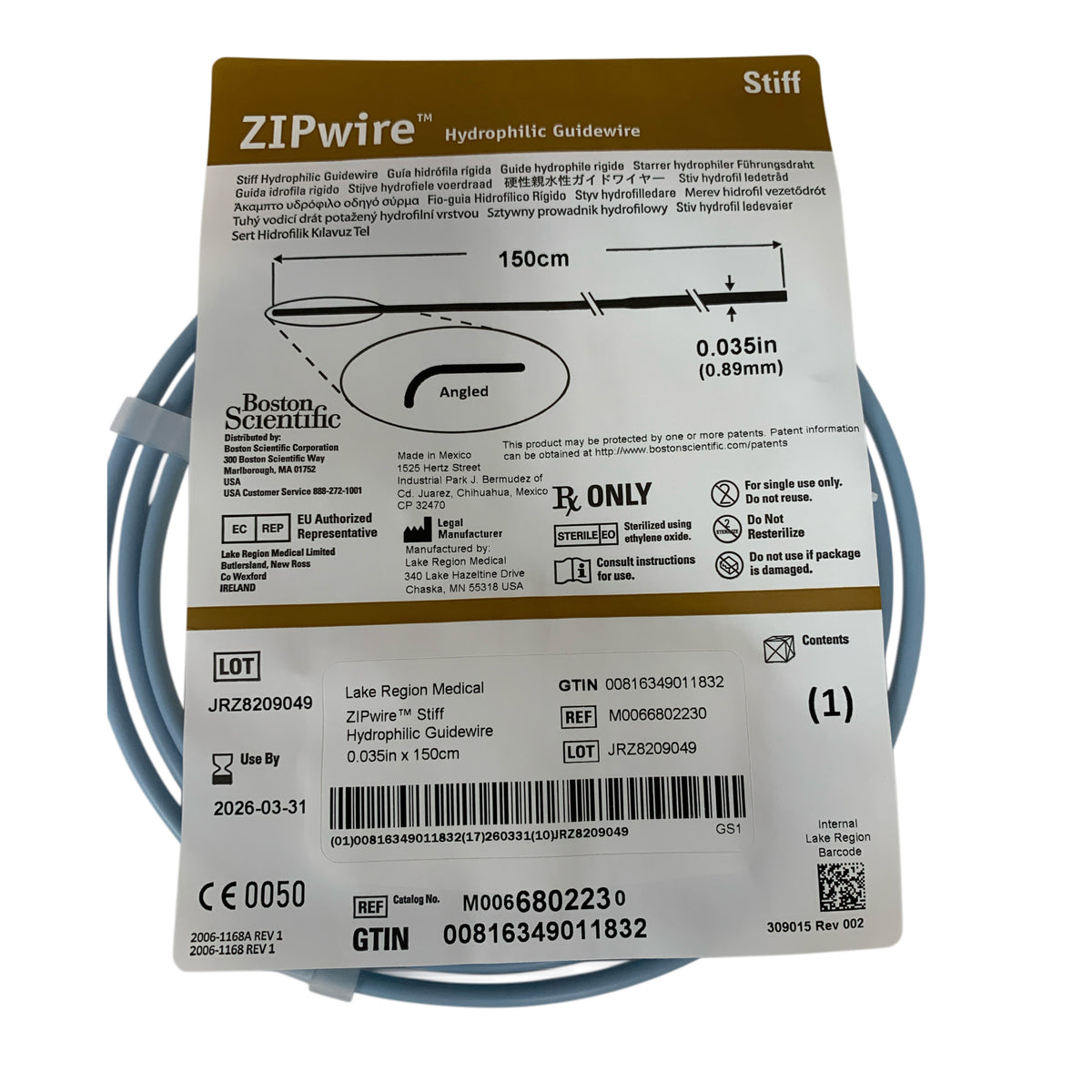 BOSTON SCIENTIFIC M0066802230 ZIPwire Stiff Hydrophilic Guidewire Angled 0.035in 150cm Exp 2026 03