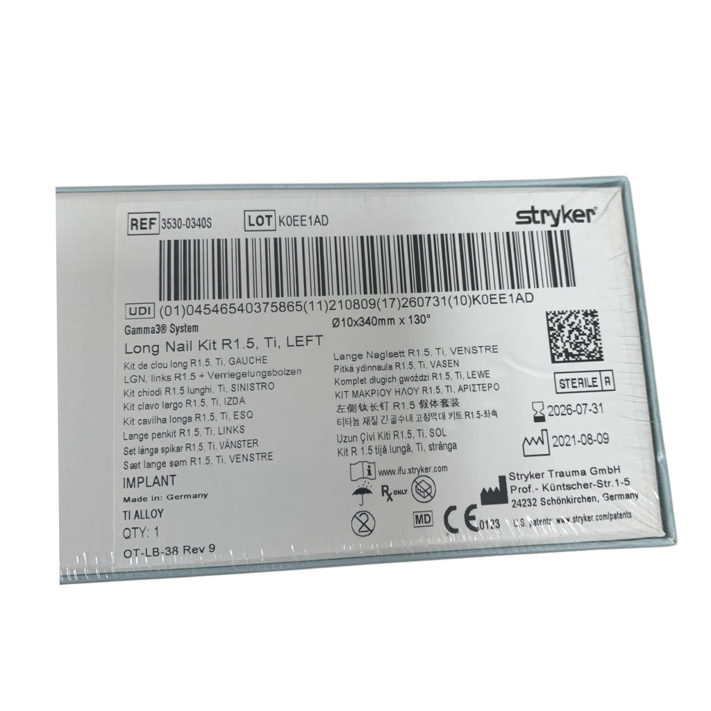 STRYKER 3530-0340S Gamma3 System Long Nail Kit R1.5 Ti LEFT 10x340mm x 130 Exp 2026 07