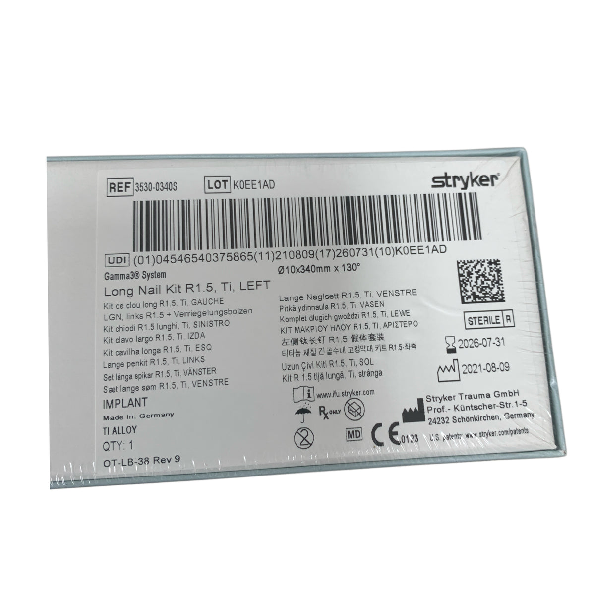 STRYKER 3530-0340S Gamma3 System Long Nail Kit R1.5 Ti LEFT 10x340mm x 130 Exp 2026 07