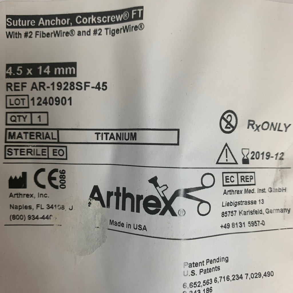 ARTHREX AR-1928SF-45 Titanium Corkscrew FT Suture Anchor 4.5x14mm EXP 2019 12