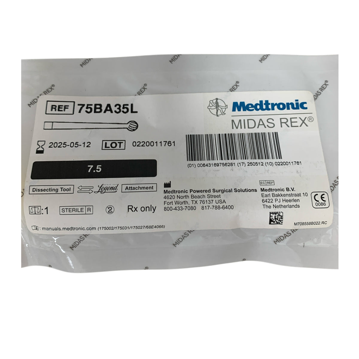 MEDTRONIC MIDAS REX 75BA35L Legend Dissecting Tool Attachment 7.5 Exp 2025 05