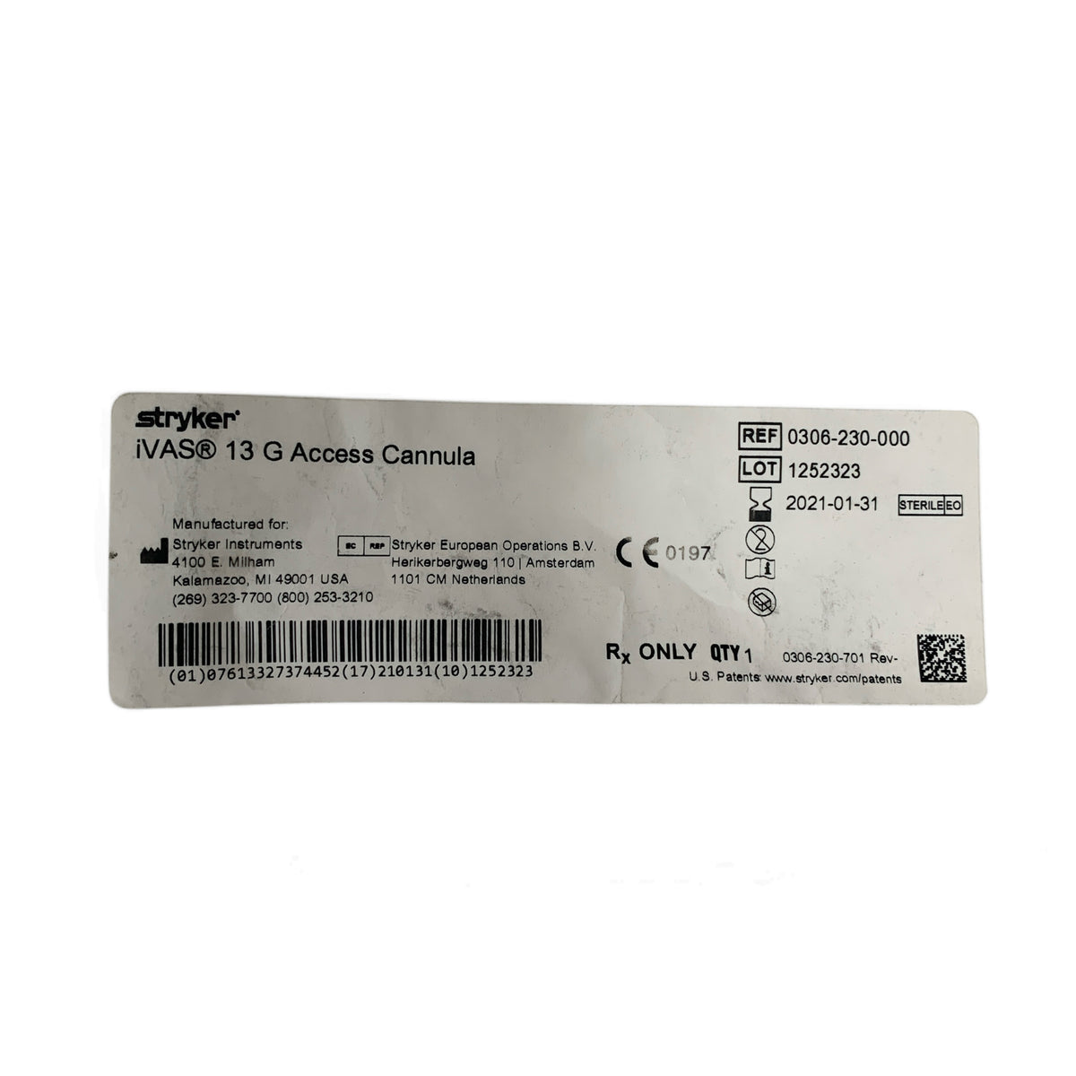 STRYKER 0306-230-000 iVAS 13 G Access Cannula Exp 2021 01