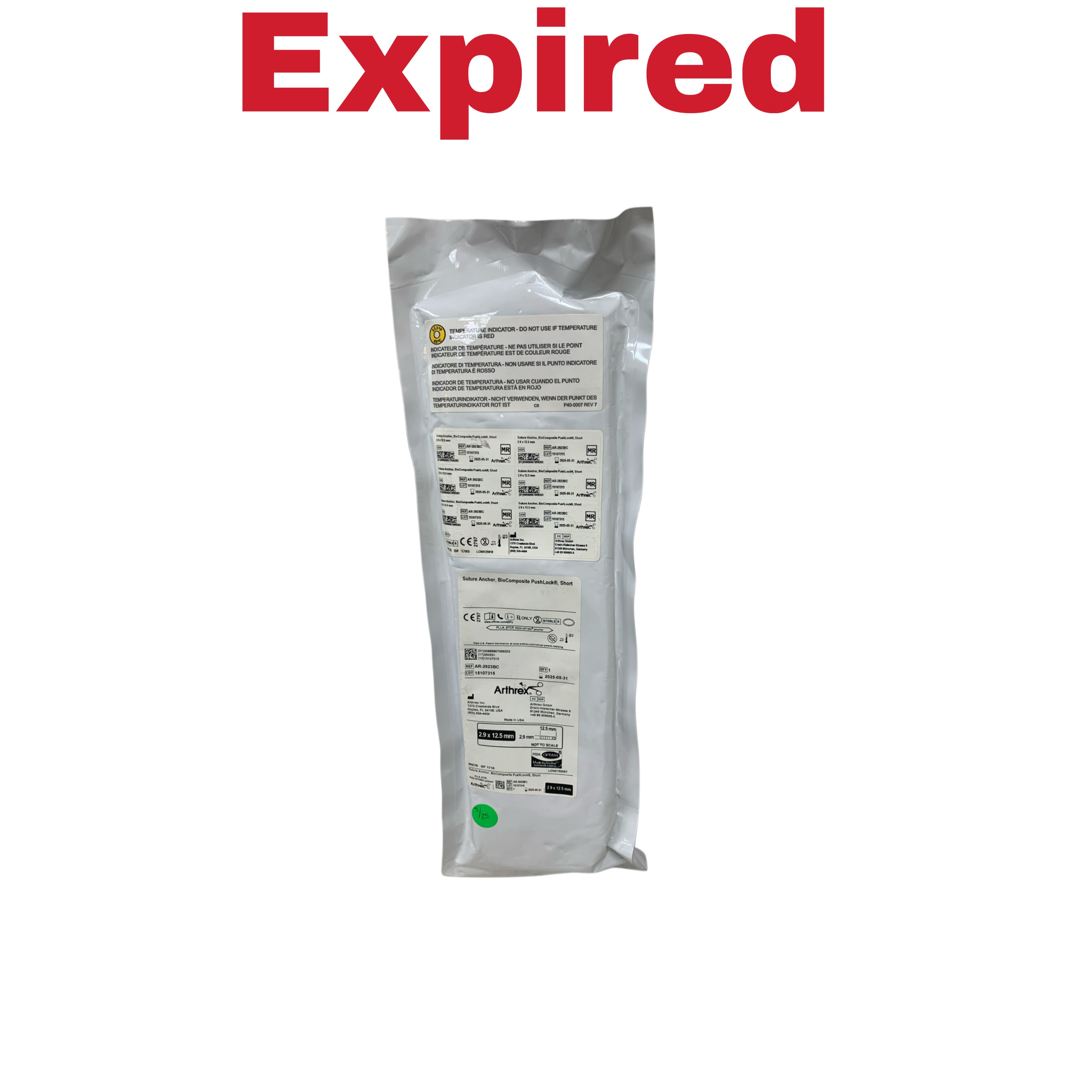 ARTHREX AR-2923BC Suture Anchor BioComposite PushLock Short 2.9 x 12.5 mm Exp 2025 05