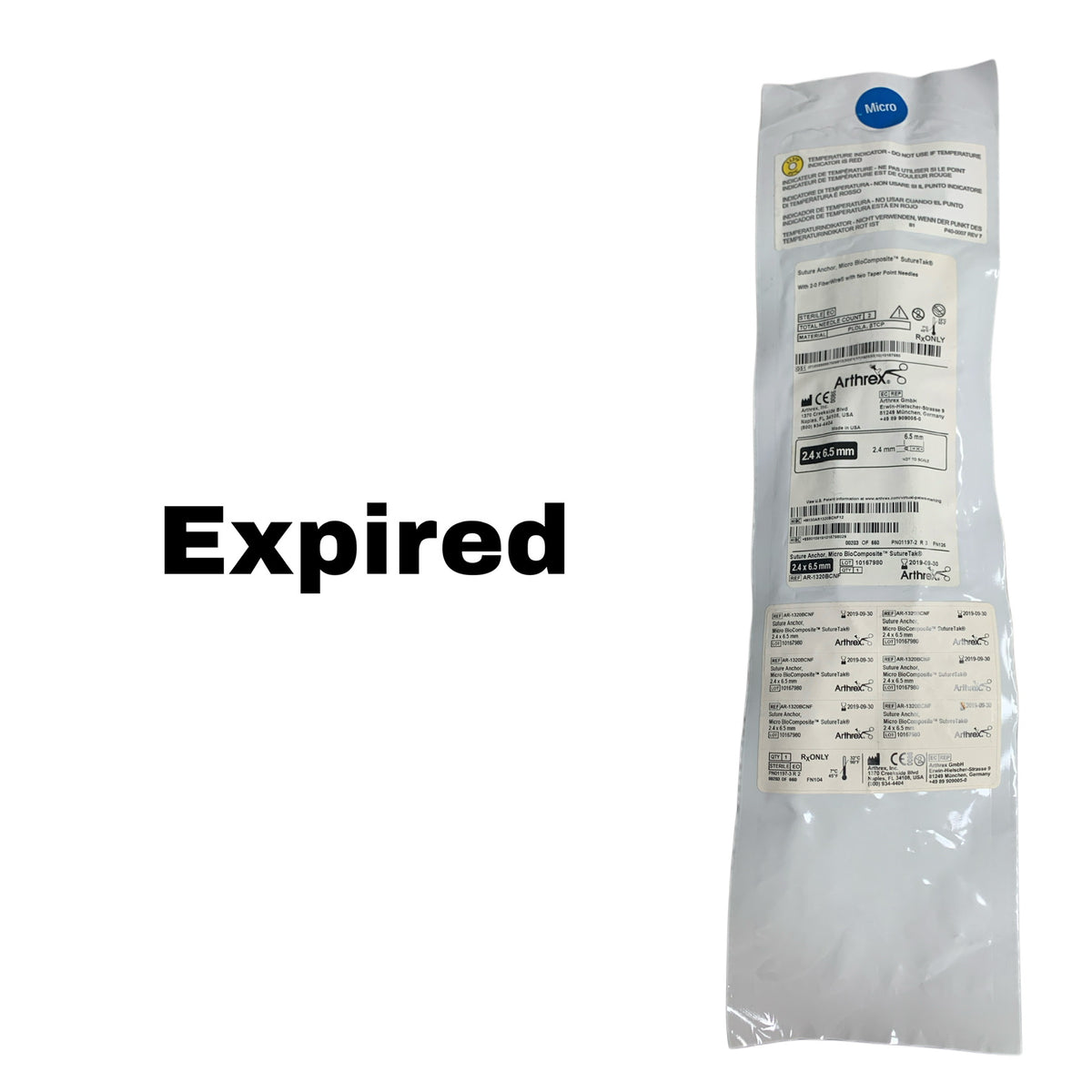 ARTHREX AR-1320BCNF Micro BioComposite SutureTak 2.4 x 6.5mm Anchor with 2-0 FiberWire, EXP 2019-09