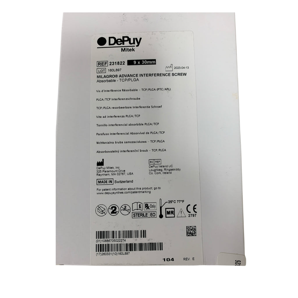 DEPUY MITEK 231822 Milagro Advance Interference Screw Absorbable TCP/PLGA 9 x 30mm Exp 2026 03