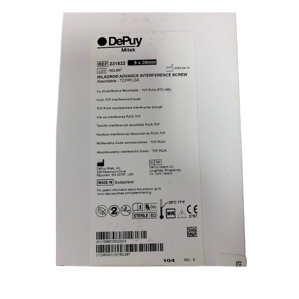 DEPUY MITEK 231822 Milagro Advance Interference Screw Absorbable TCP/PLGA 9 x 30mm Exp 2026 03