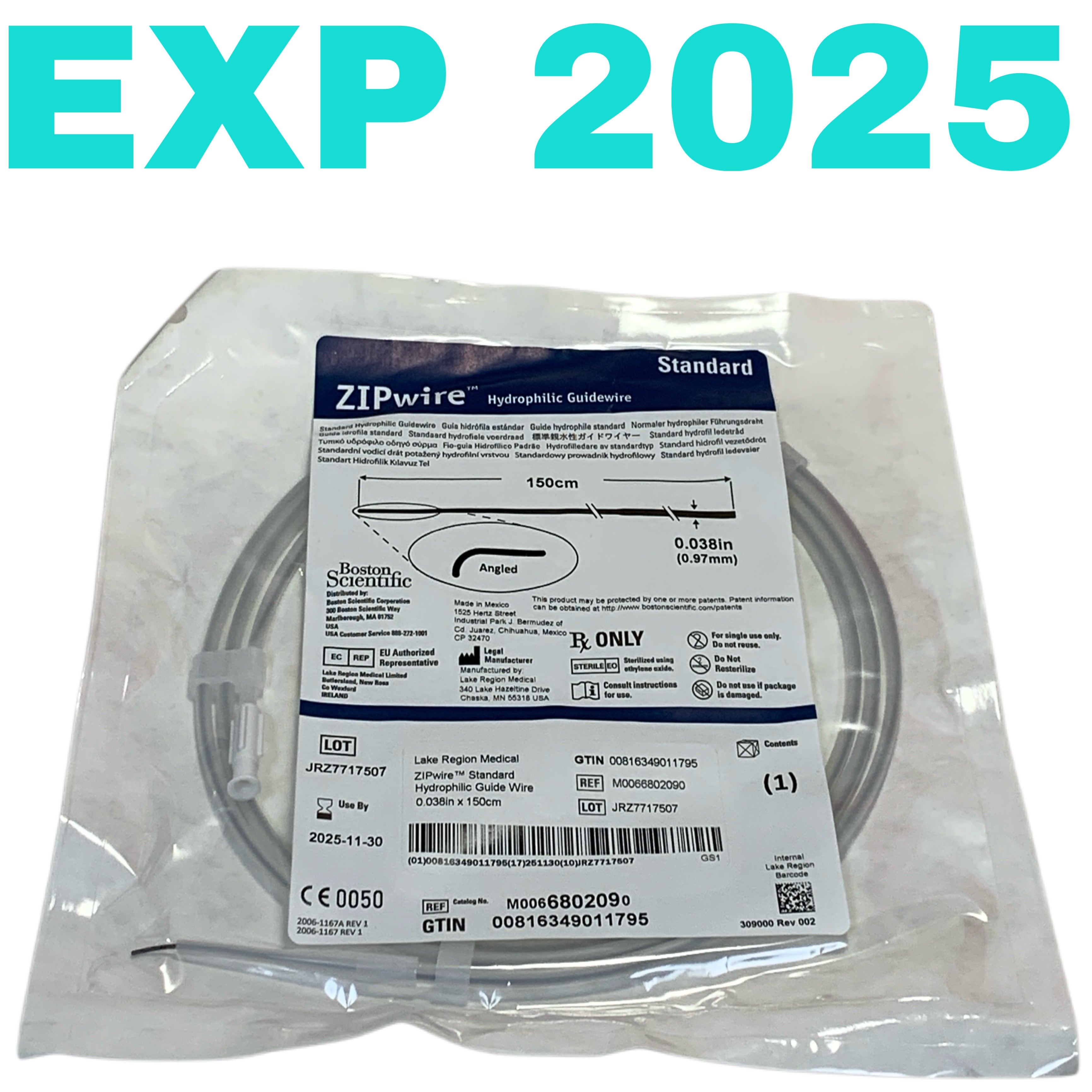BOSTON SCIENTIFIC REF M0066802090 ZIPwire Standard Hydrophilic Guidewire 0.038in x 150cm Angled Exp.2025/11