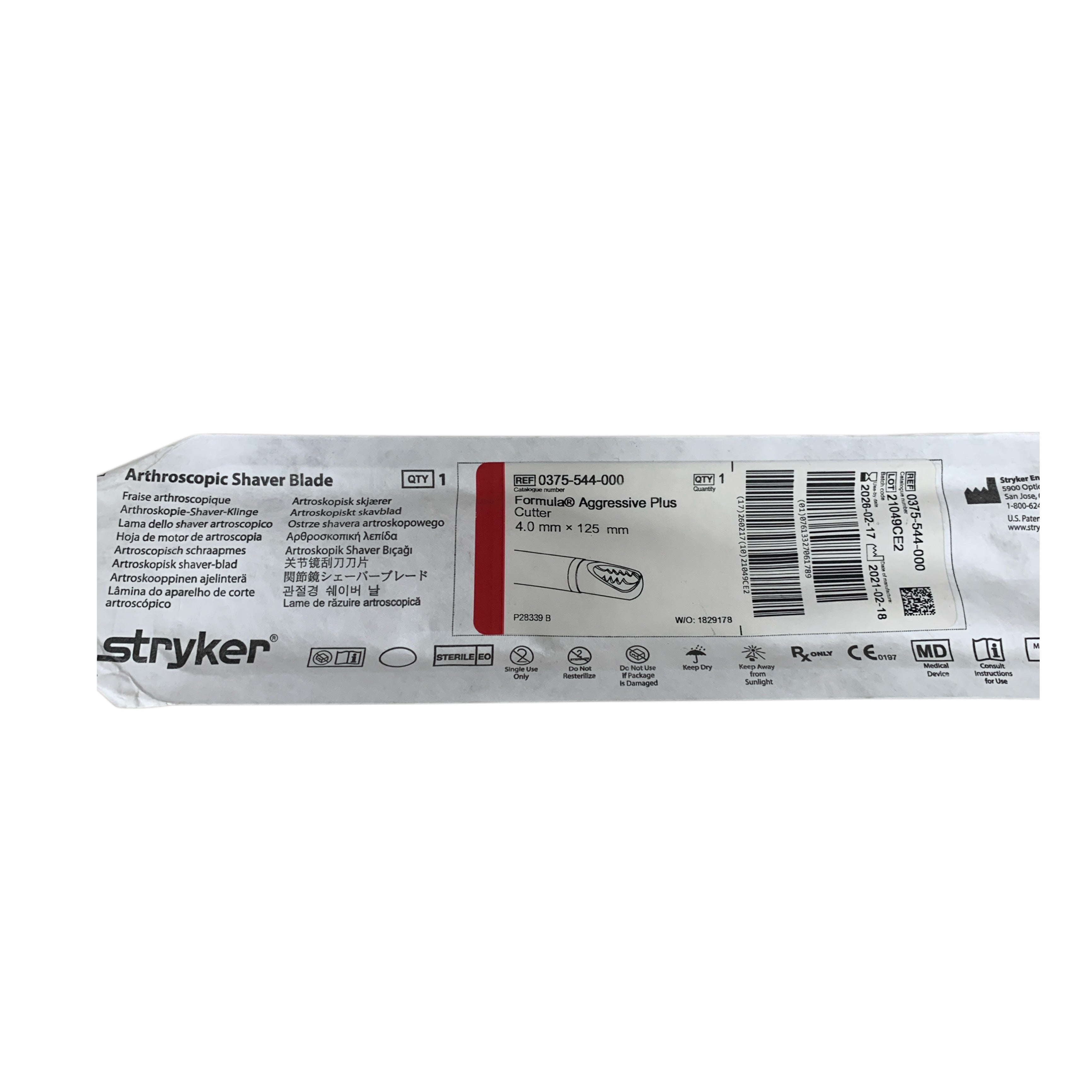 STRYKER REF 0375-544-000 Formula Aggressive Plus Cutter Arthroscopic Shaver Blade 4.0 mm x 125 mm Exp 2026 02