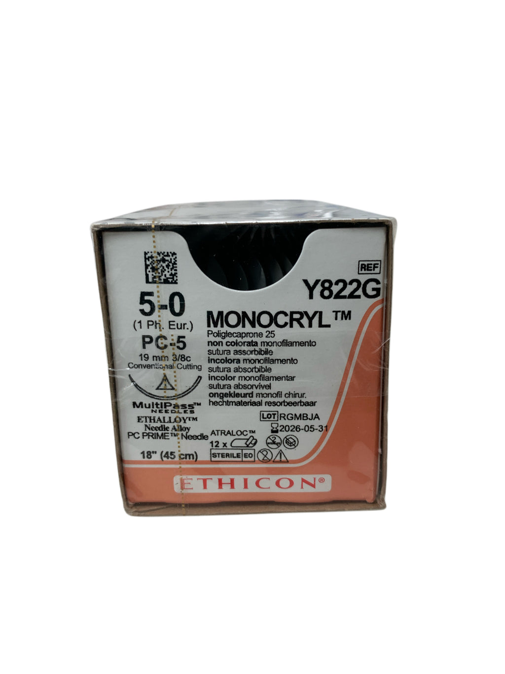 ETHICON REF Y822G Monocryl Suture 5-0 PC-5 19mm 3/8c 18" (45cm) Box of 12, Exp.2026/05
