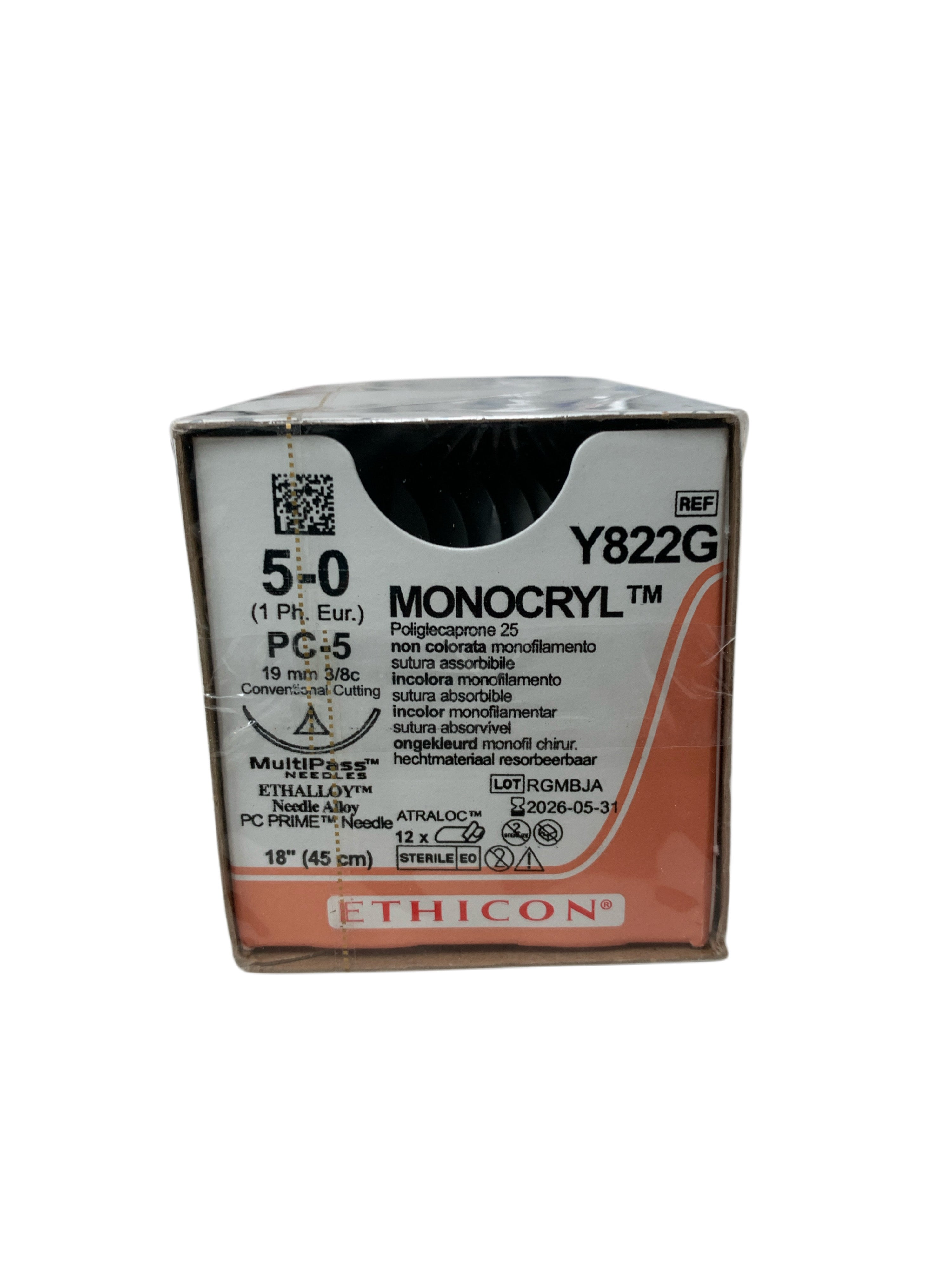 ETHICON REF Y822G Monocryl Suture 5-0 PC-5 19mm 3/8c 18" (45cm) Box of 12, Exp.2026/05